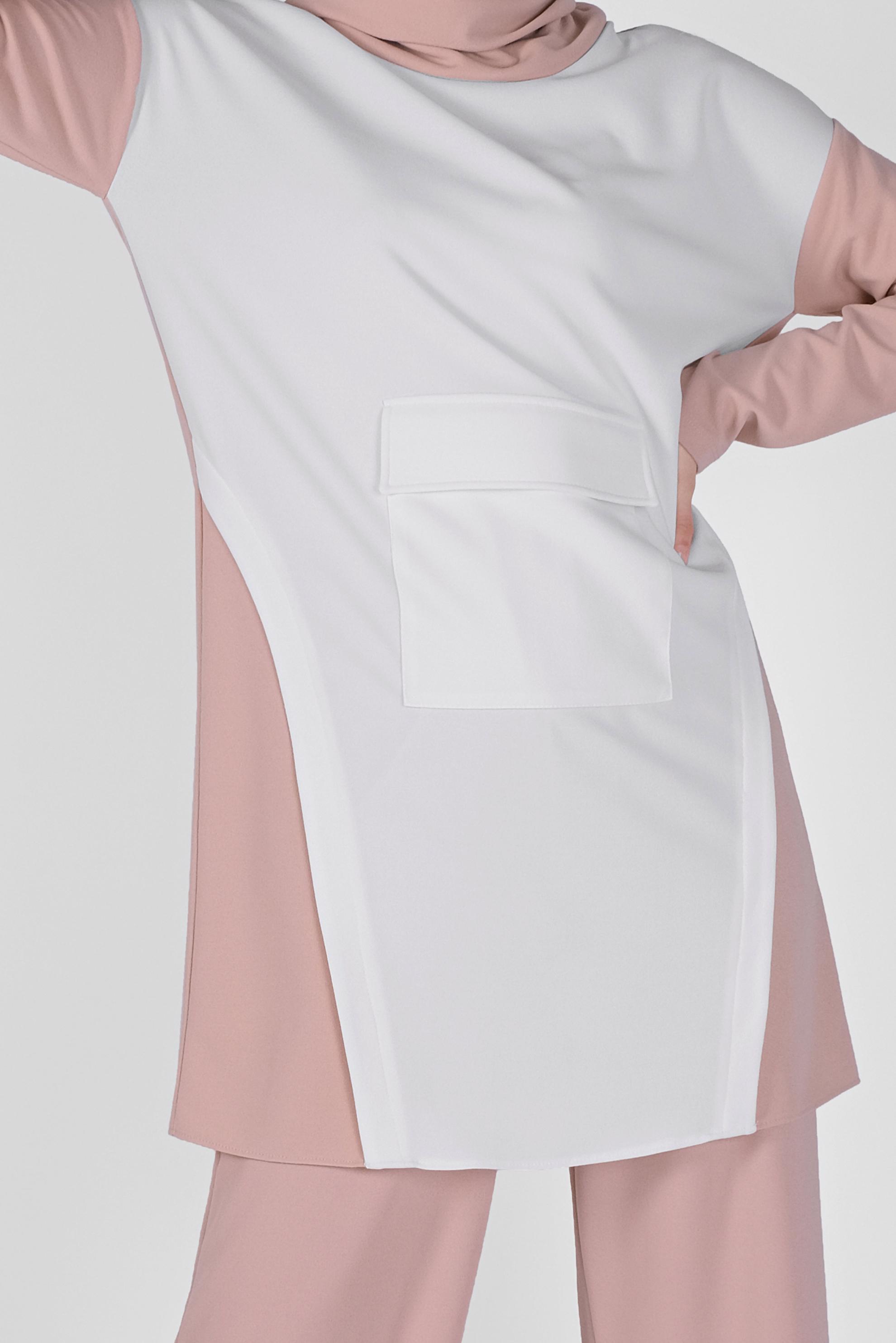 Tesettür giyim PUDRA BOĞAZLI CEPLİ PANTOLONLU TAKIM 40802 