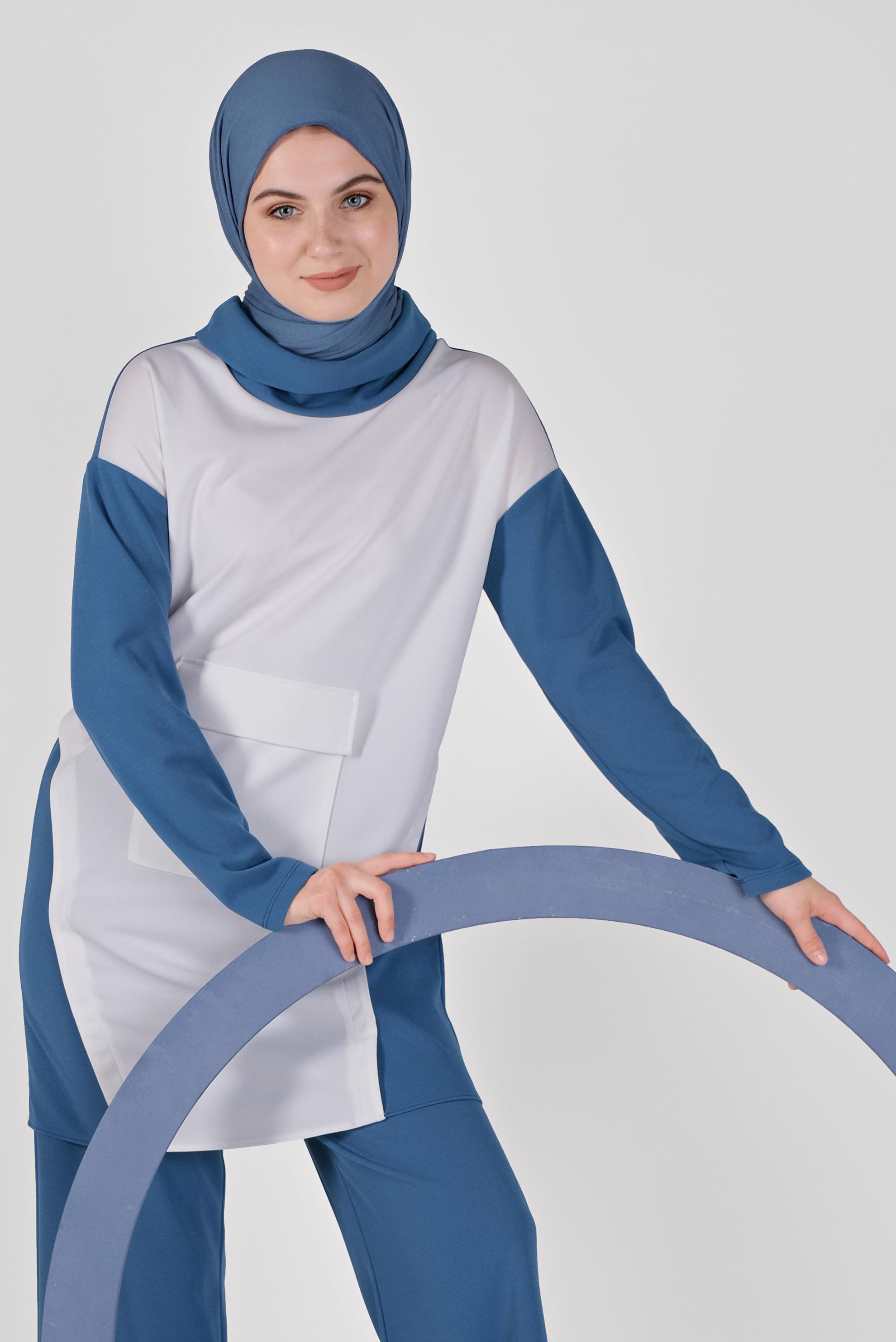 Tesettür giyim LACİVERT BOĞAZLI CEPLİ PANTOLONLU TAKIM 40802 