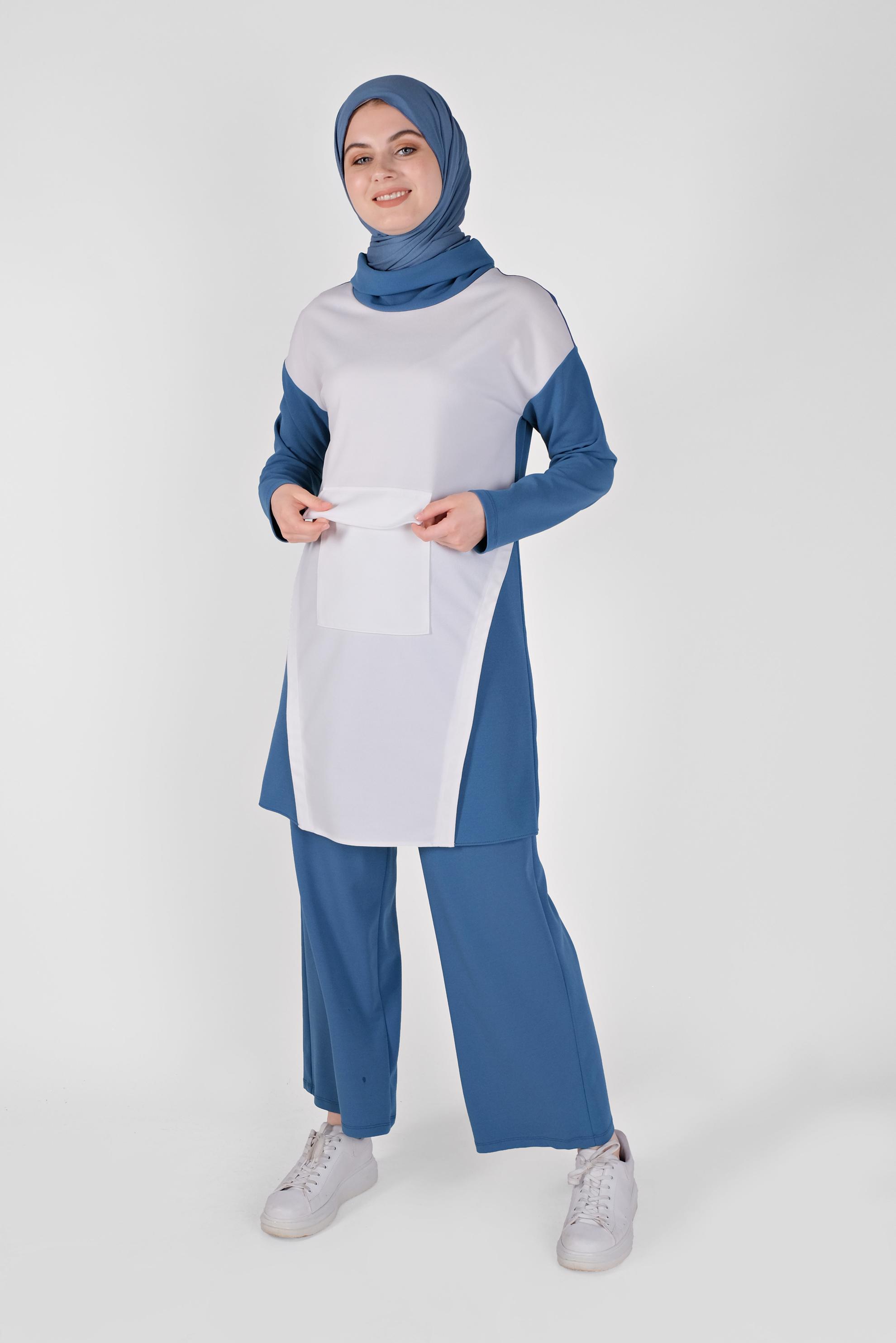 Tesettür giyim LACİVERT BOĞAZLI CEPLİ PANTOLONLU TAKIM 40802 