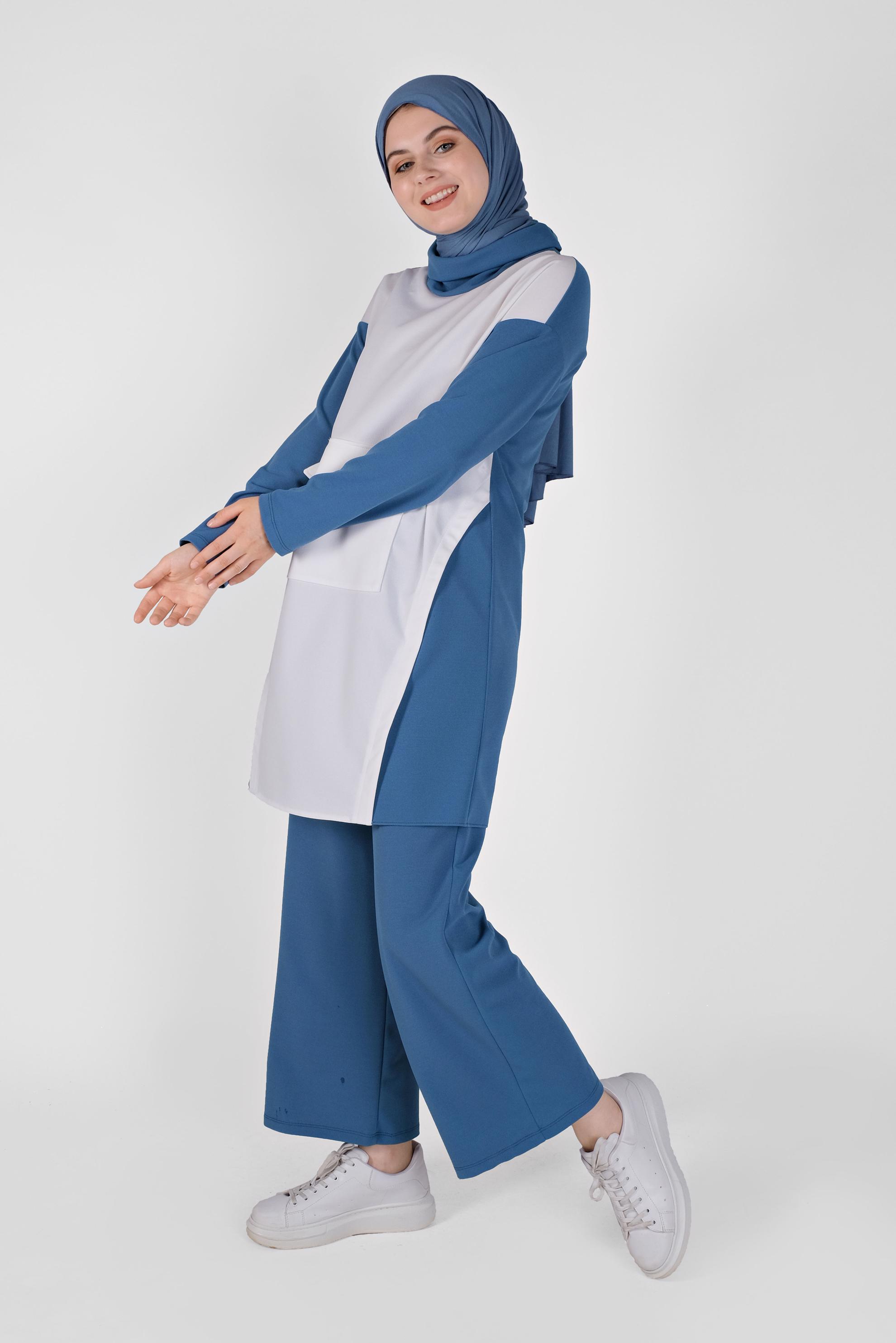 Tesettür giyim LACİVERT BOĞAZLI CEPLİ PANTOLONLU TAKIM 40802 