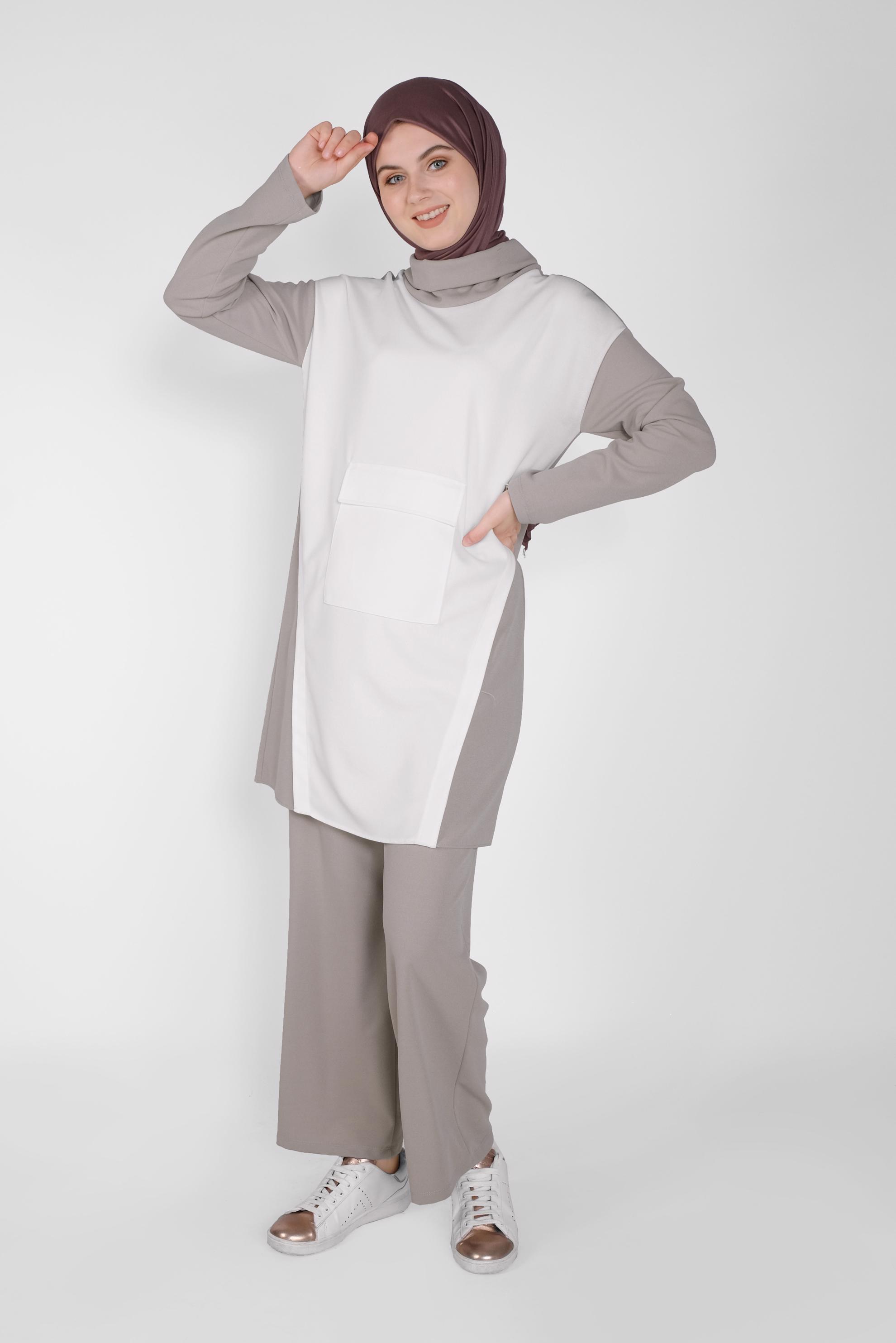 Tesettür giyim VİZON BOĞAZLI CEPLİ PANTOLONLU TAKIM 40802 