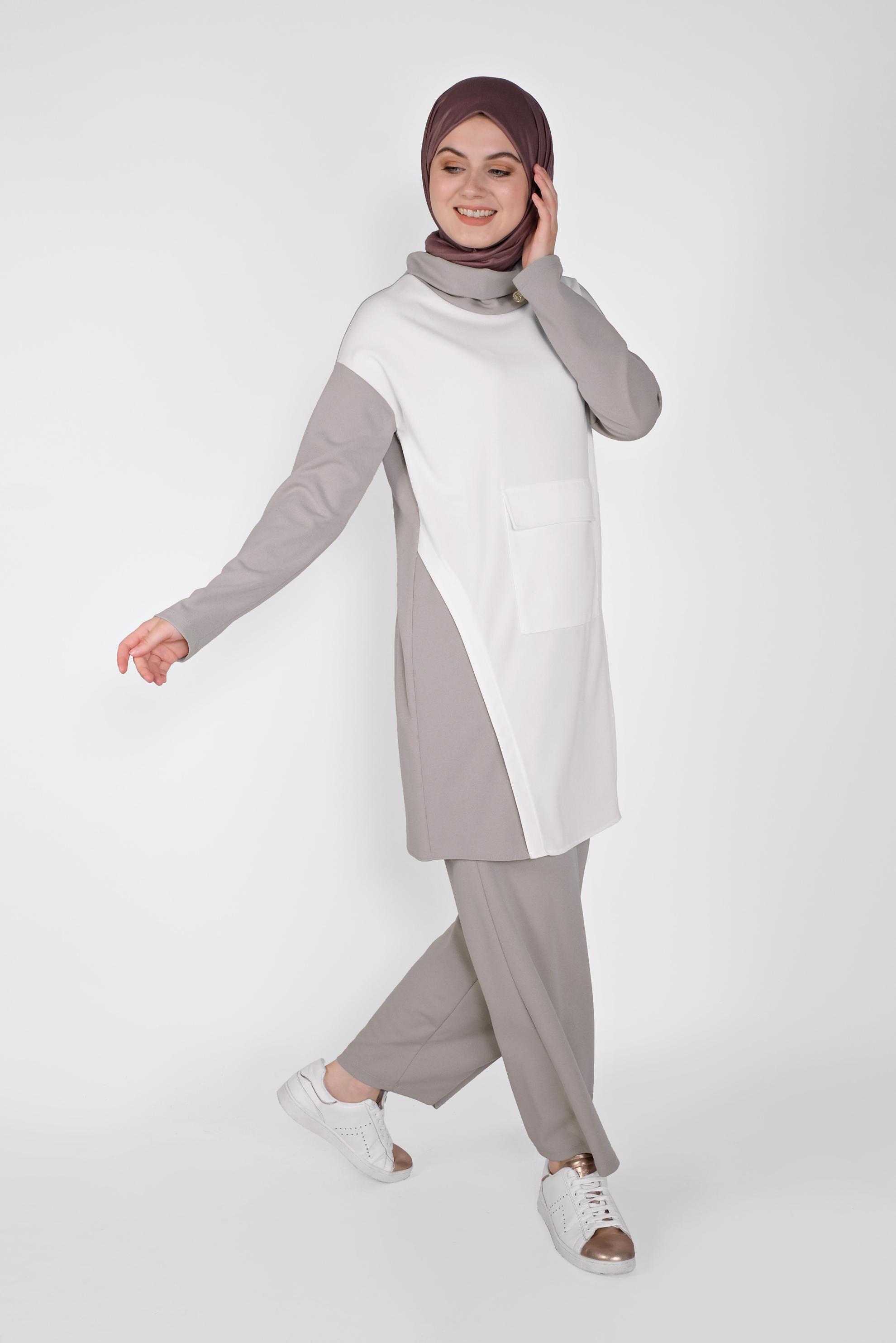 Tesettür giyim VİZON BOĞAZLI CEPLİ PANTOLONLU TAKIM 40802 