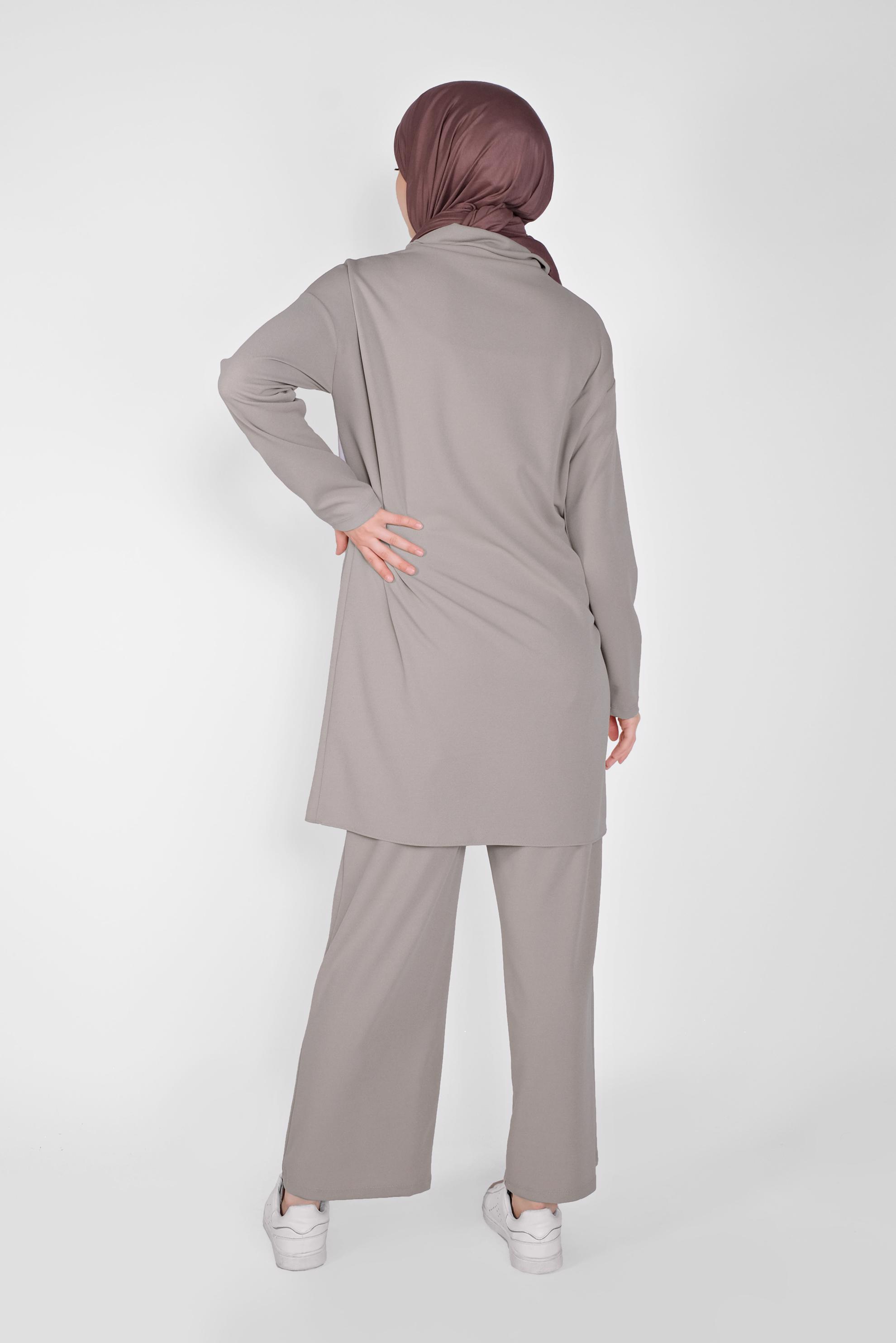 Tesettür giyim VİZON BOĞAZLI CEPLİ PANTOLONLU TAKIM 40802 