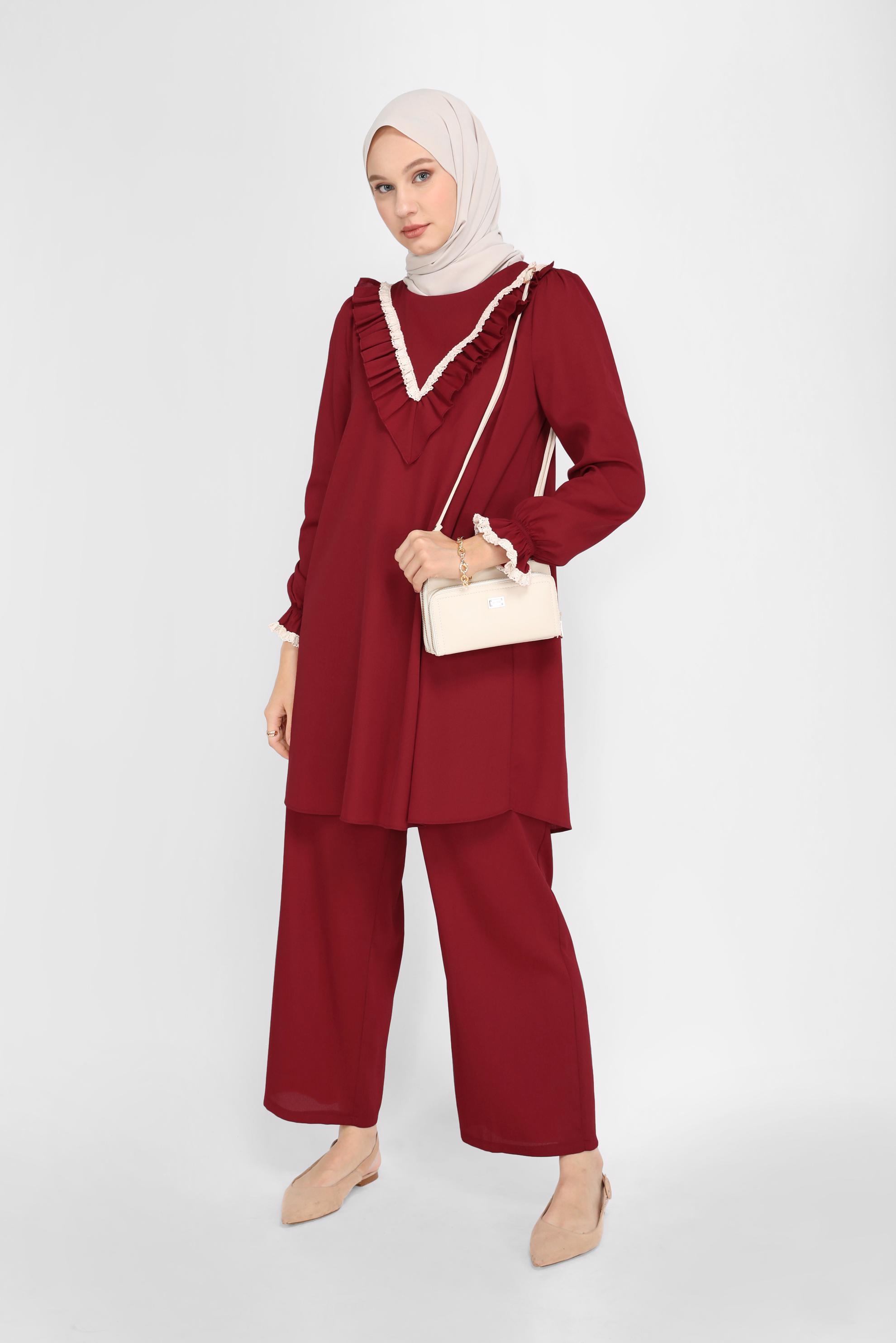 Tesettür giyim BORDO FIRFIRLI DANTELLİ PANTOLONLU TAKIM 40804 
