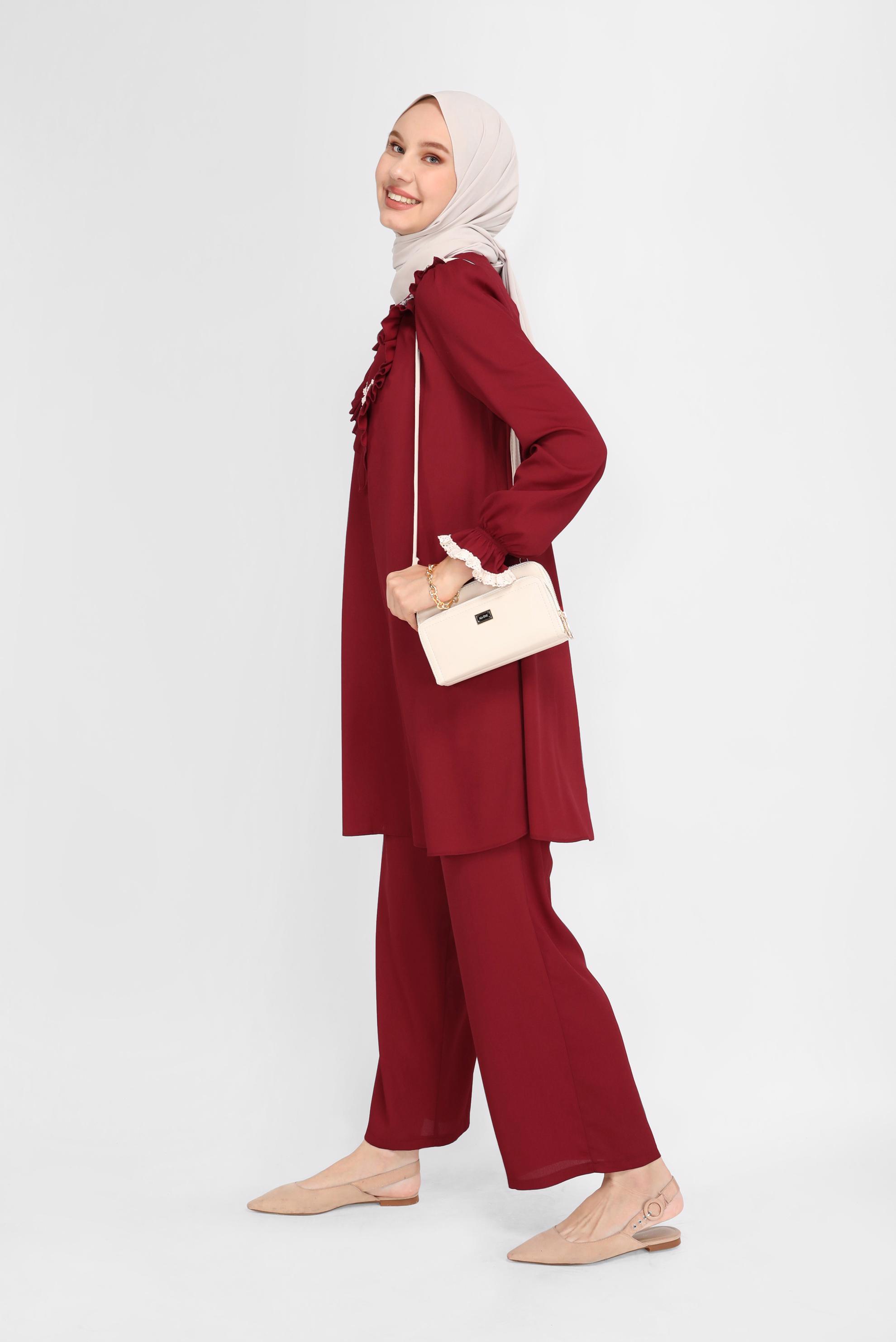 Tesettür giyim BORDO FIRFIRLI DANTELLİ PANTOLONLU TAKIM 40804 