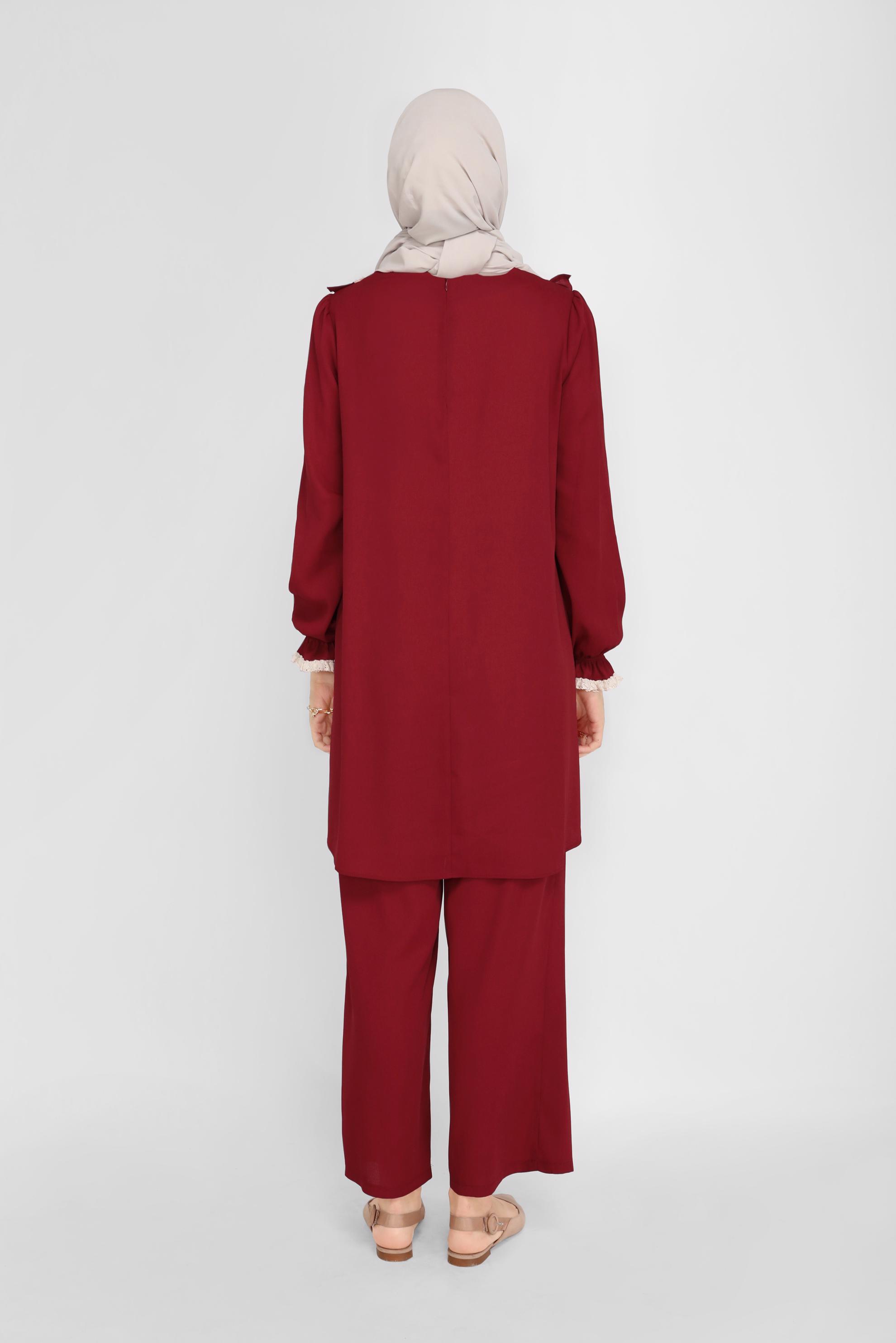Tesettür giyim BORDO FIRFIRLI DANTELLİ PANTOLONLU TAKIM 40804 