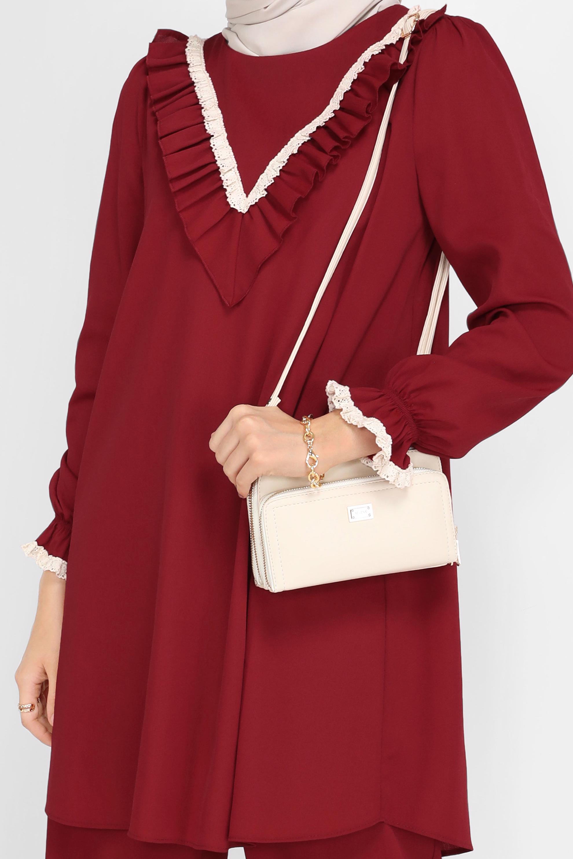 Tesettür giyim BORDO FIRFIRLI DANTELLİ PANTOLONLU TAKIM 40804 