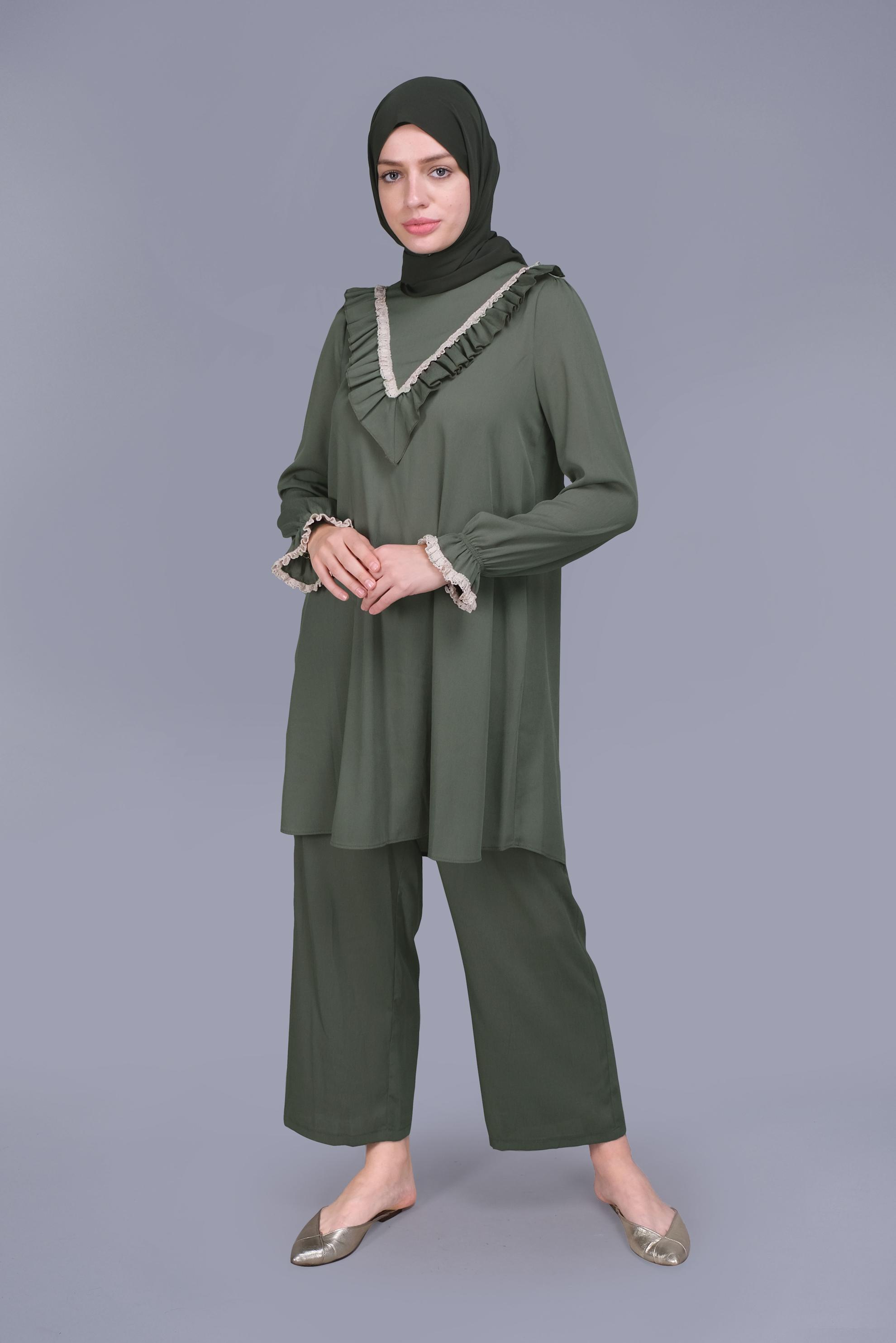 Tesettür giyim HAKİ FIRFIRLI DANTELLİ PANTOLONLU TAKIM 40804 