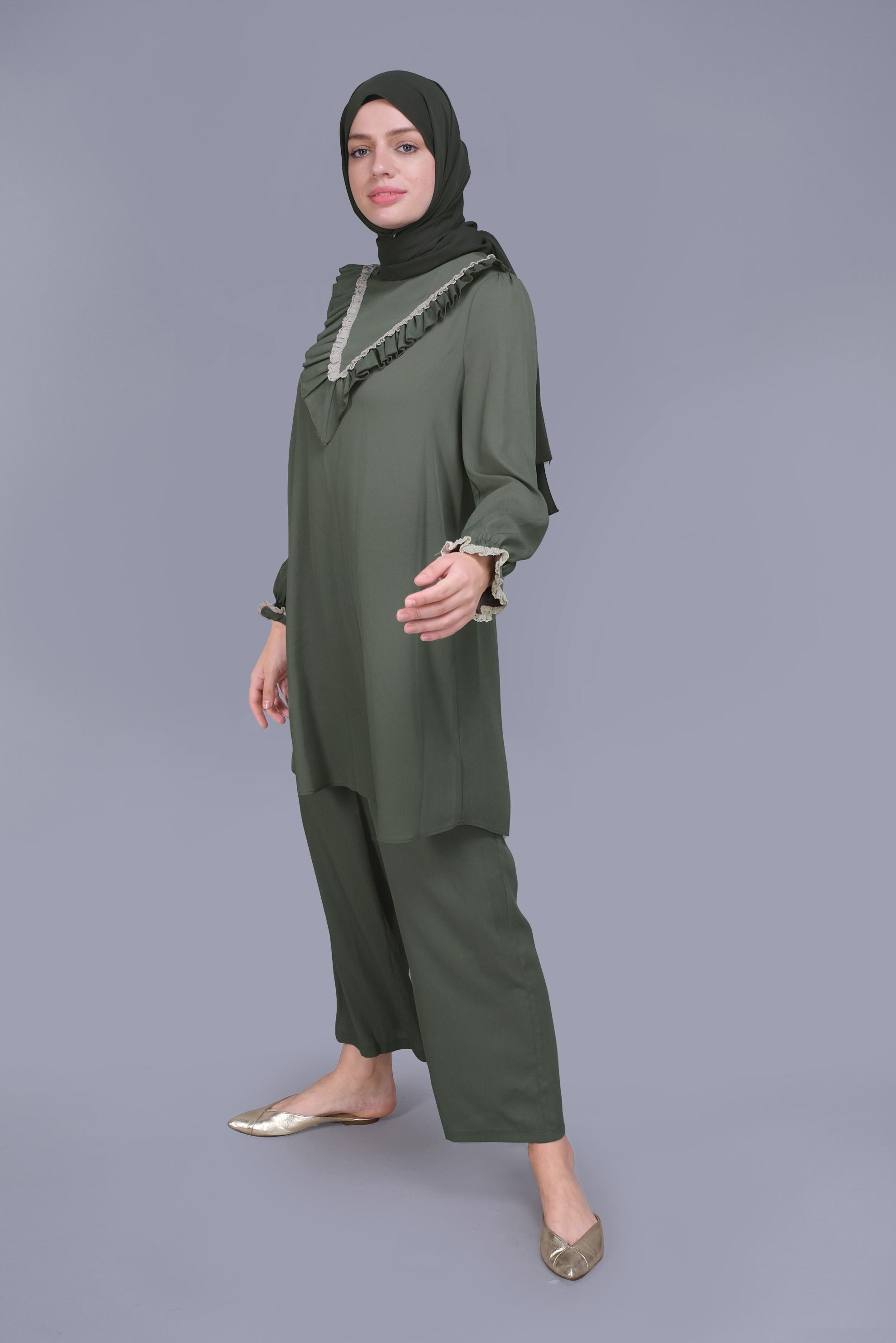 Tesettür giyim HAKİ FIRFIRLI DANTELLİ PANTOLONLU TAKIM 40804 