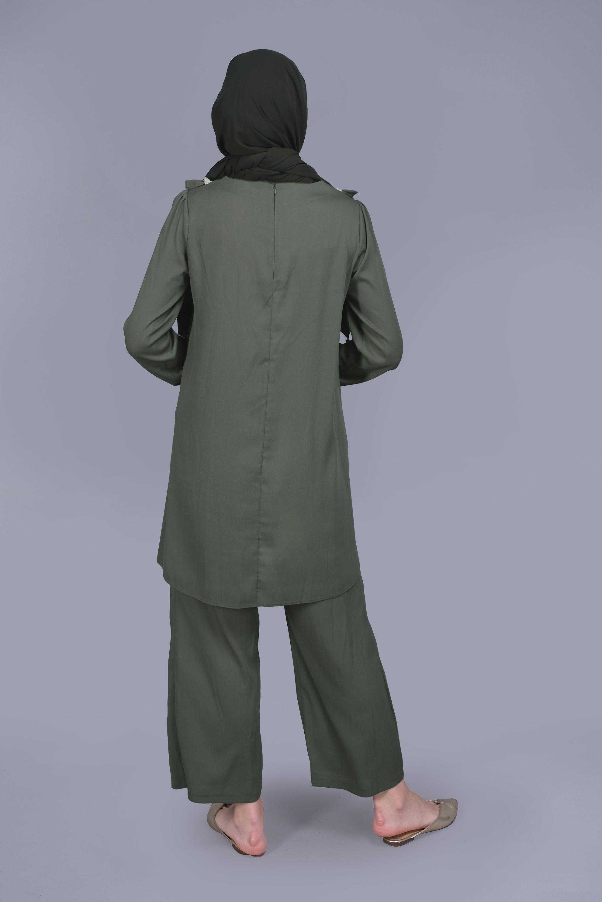 Tesettür giyim HAKİ FIRFIRLI DANTELLİ PANTOLONLU TAKIM 40804 