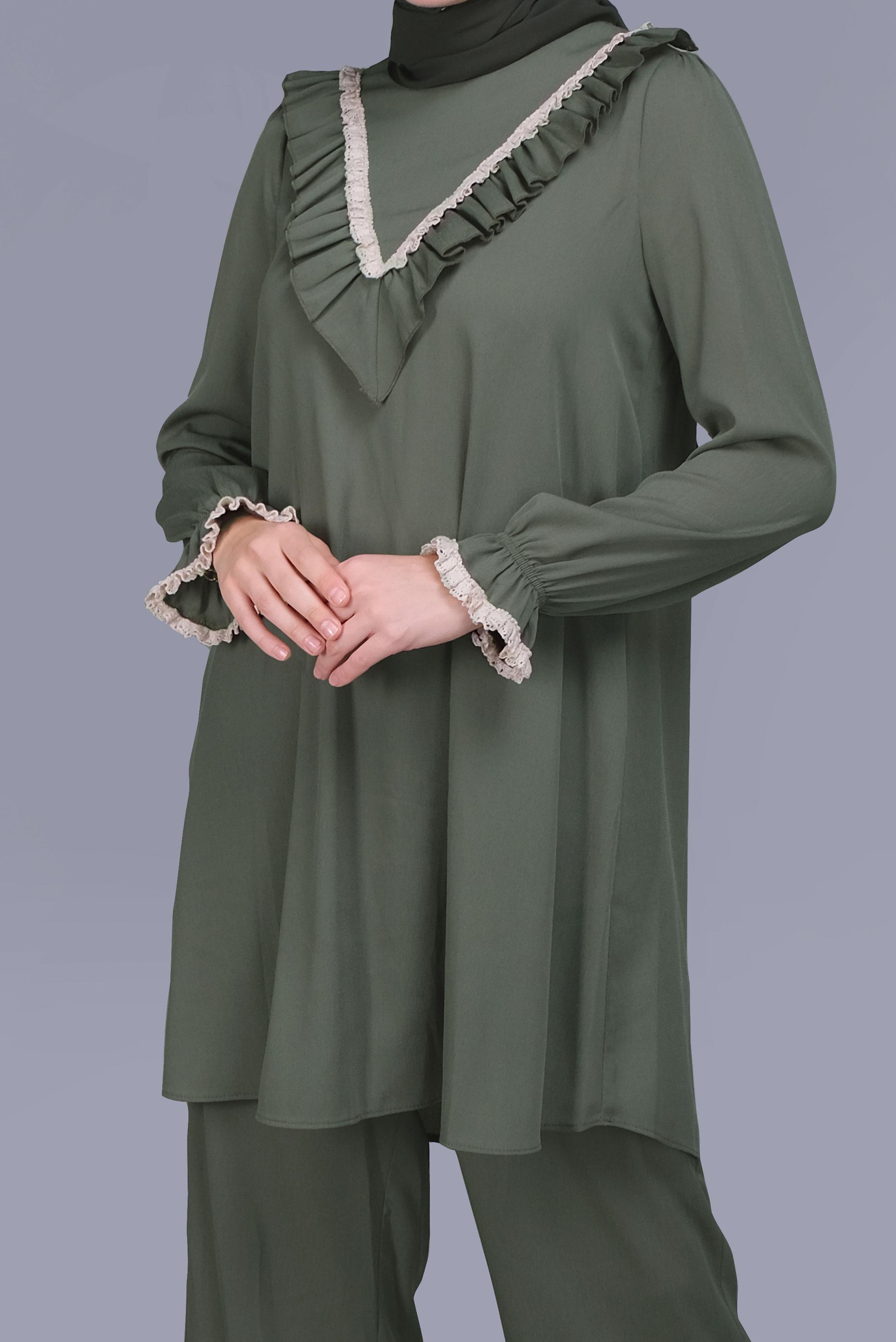 Tesettür giyim HAKİ FIRFIRLI DANTELLİ PANTOLONLU TAKIM 40804 