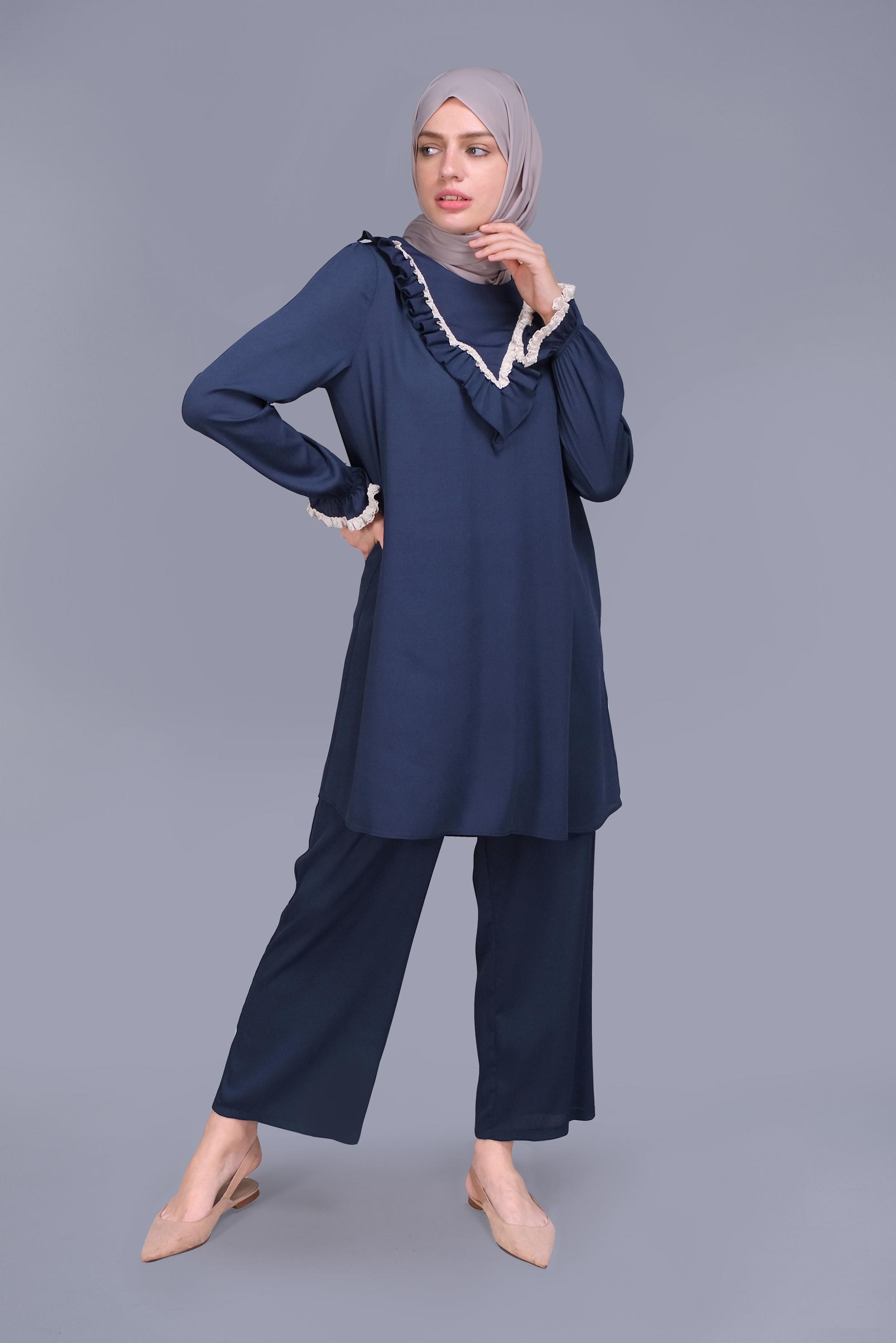 Tesettür giyim LACİVERT FIRFIRLI DANTELLİ PANTOLONLU TAKIM 40804 