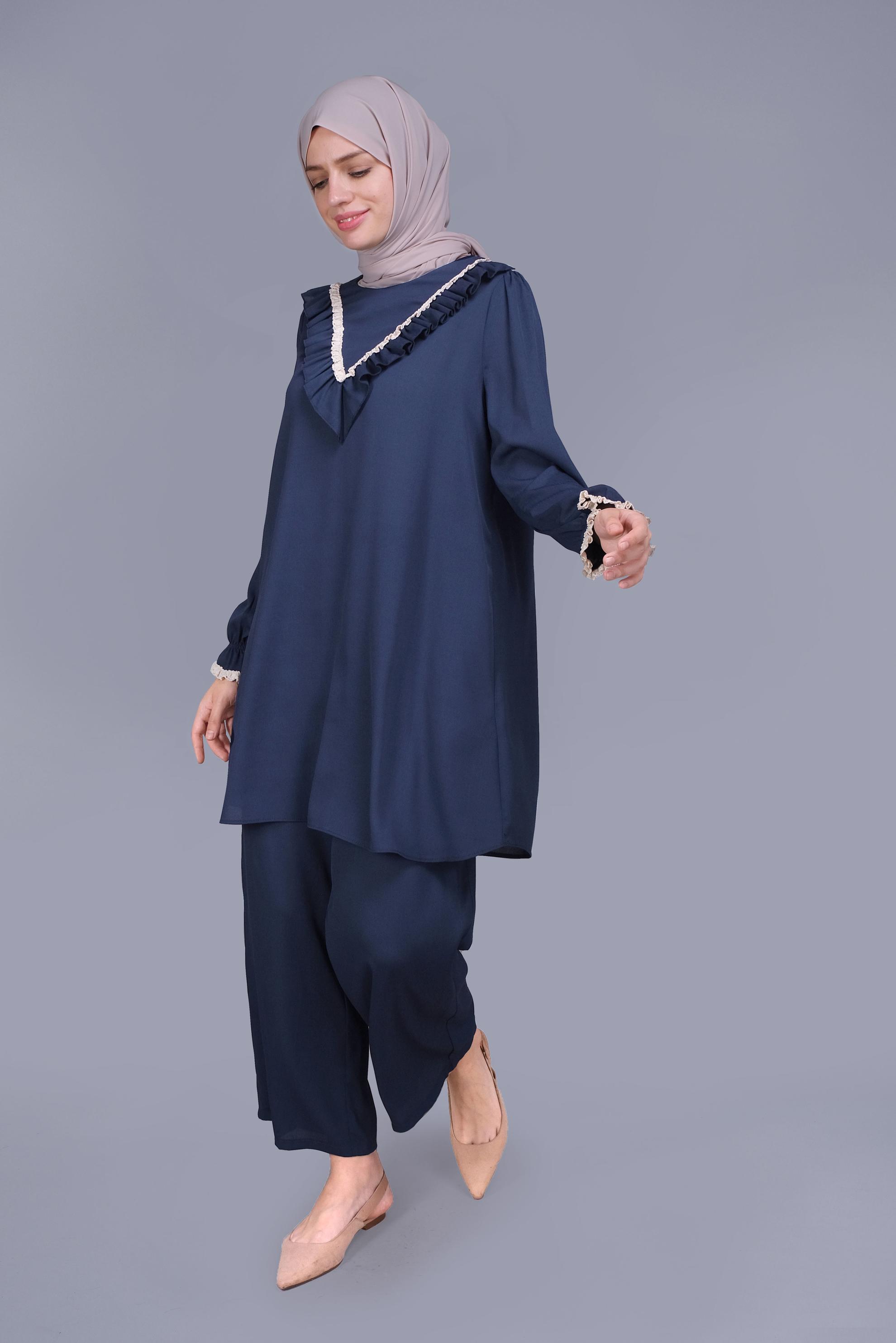 Tesettür giyim LACİVERT FIRFIRLI DANTELLİ PANTOLONLU TAKIM 40804 