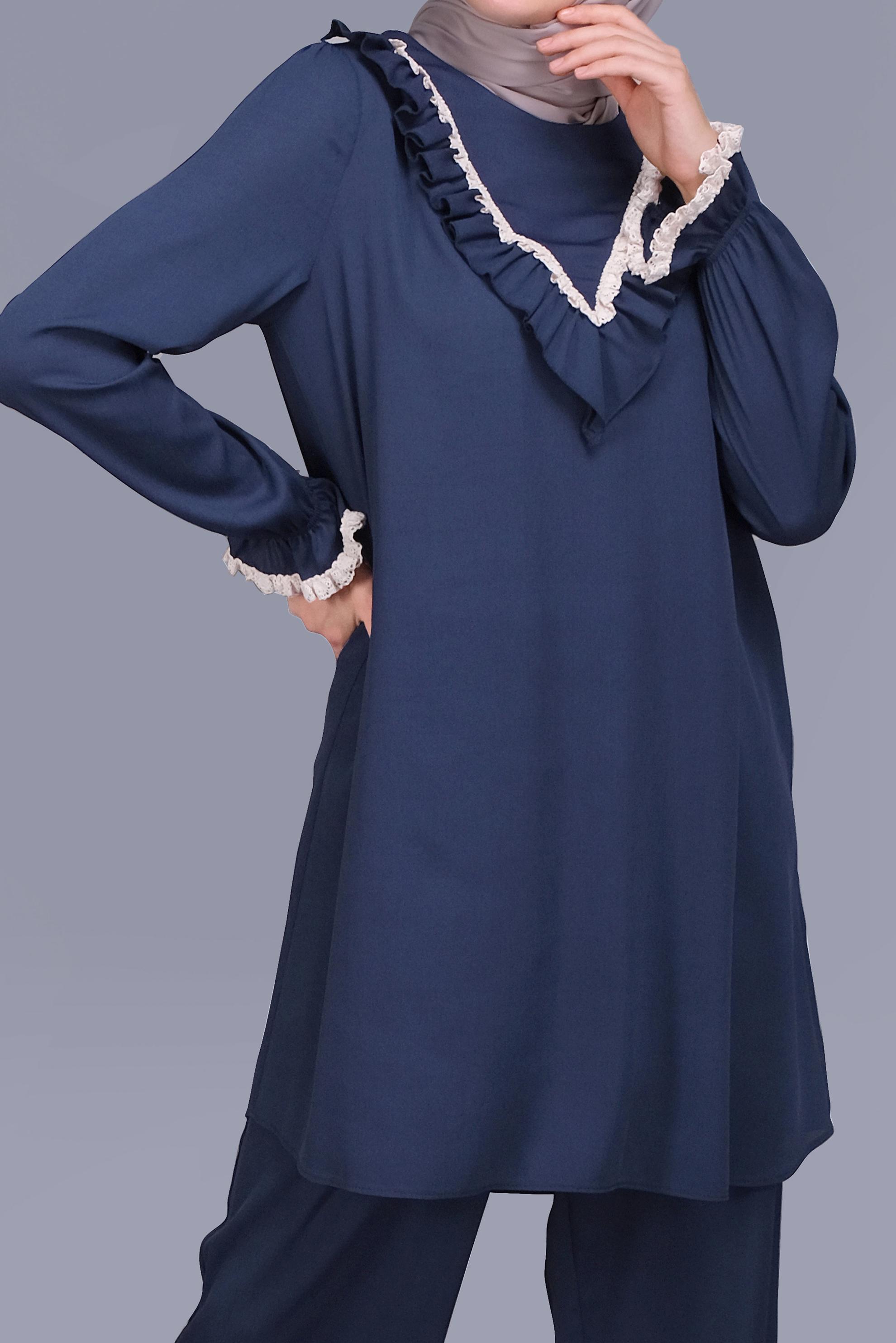 Tesettür giyim LACİVERT FIRFIRLI DANTELLİ PANTOLONLU TAKIM 40804 