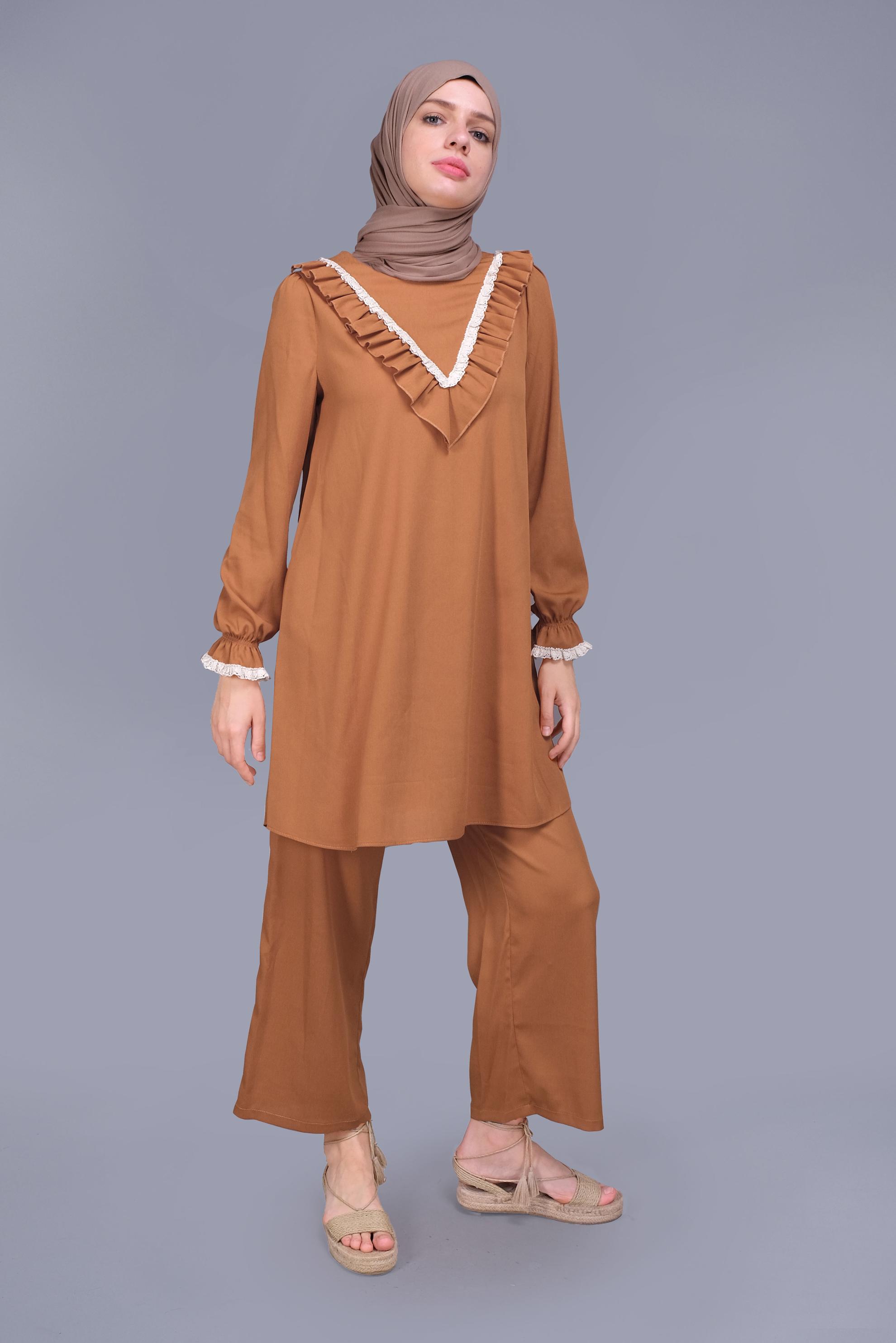 Tesettür giyim SARI FIRFIRLI DANTELLİ PANTOLONLU TAKIM 40804 