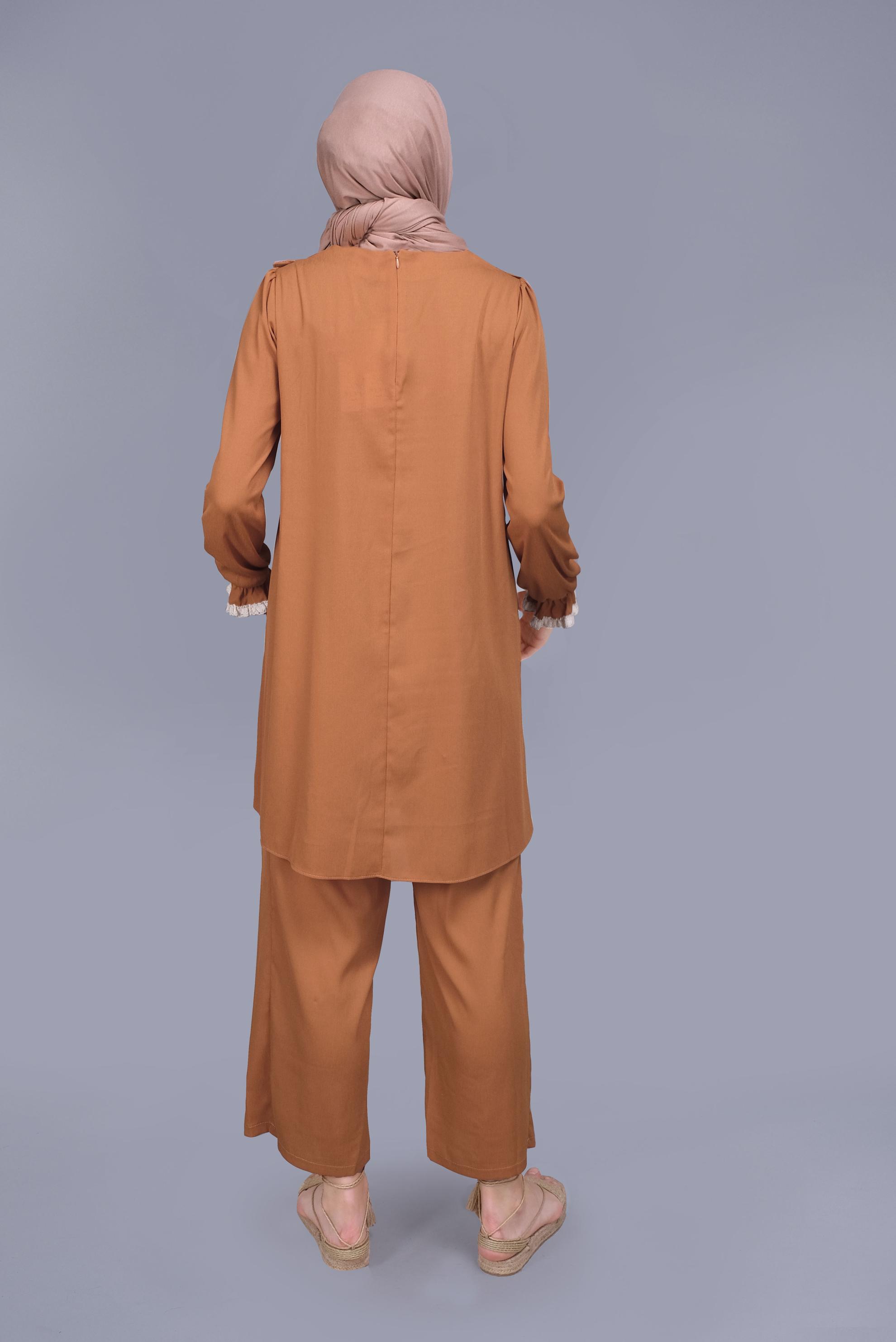 Tesettür giyim SARI FIRFIRLI DANTELLİ PANTOLONLU TAKIM 40804 