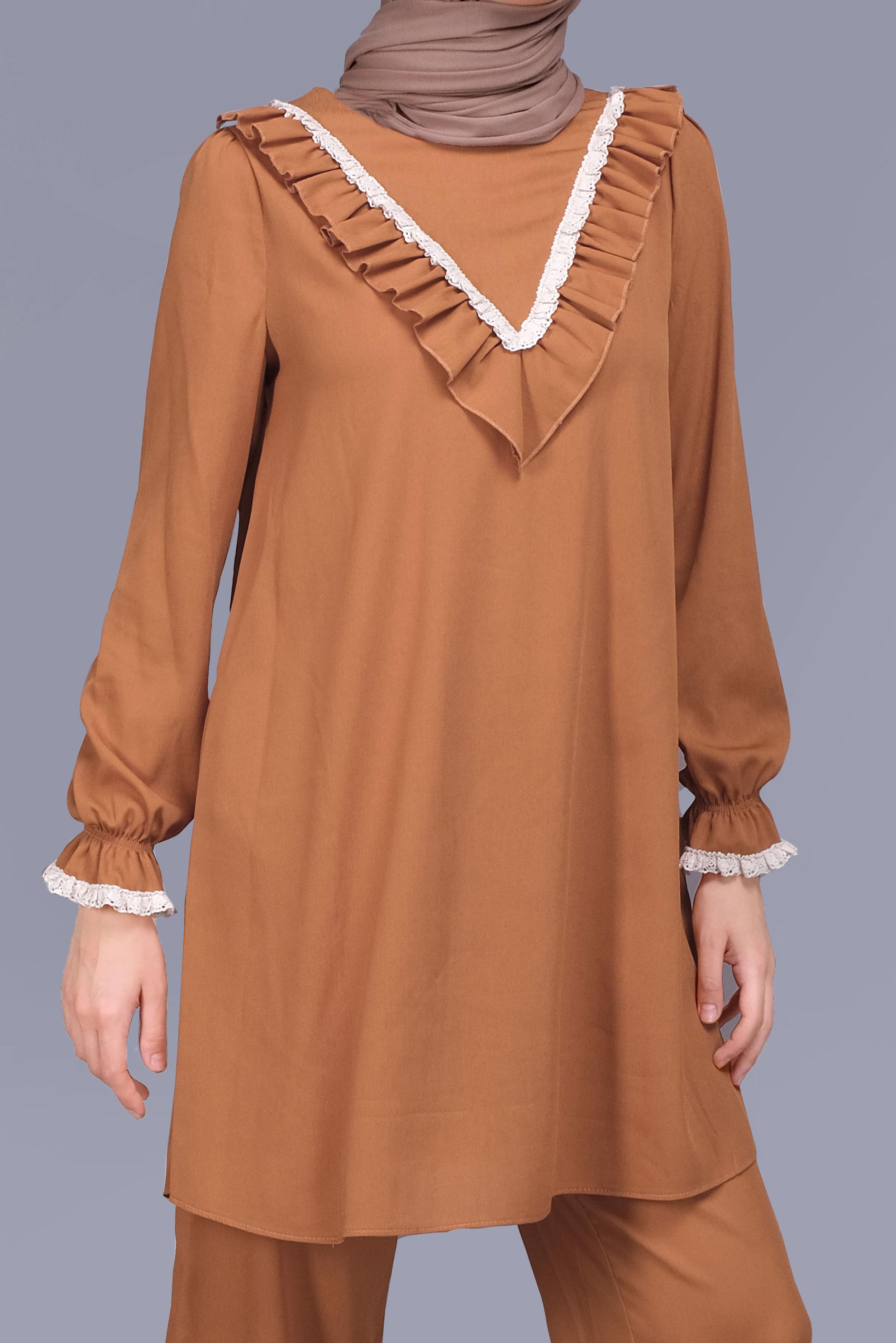 Tesettür giyim SARI FIRFIRLI DANTELLİ PANTOLONLU TAKIM 40804 