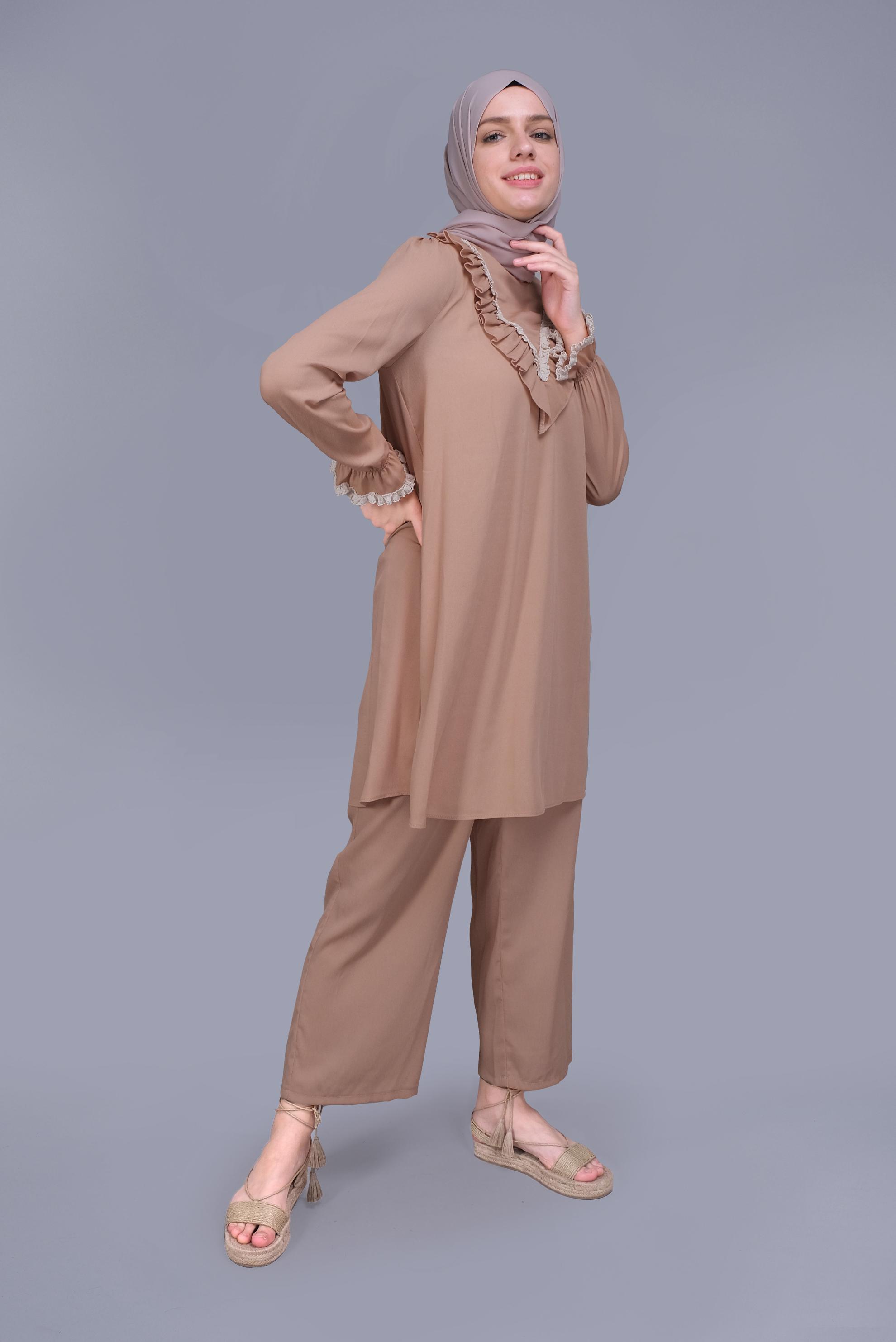 Tesettür giyim PUDRA FIRFIRLI DANTELLİ PANTOLONLU TAKIM 40804 