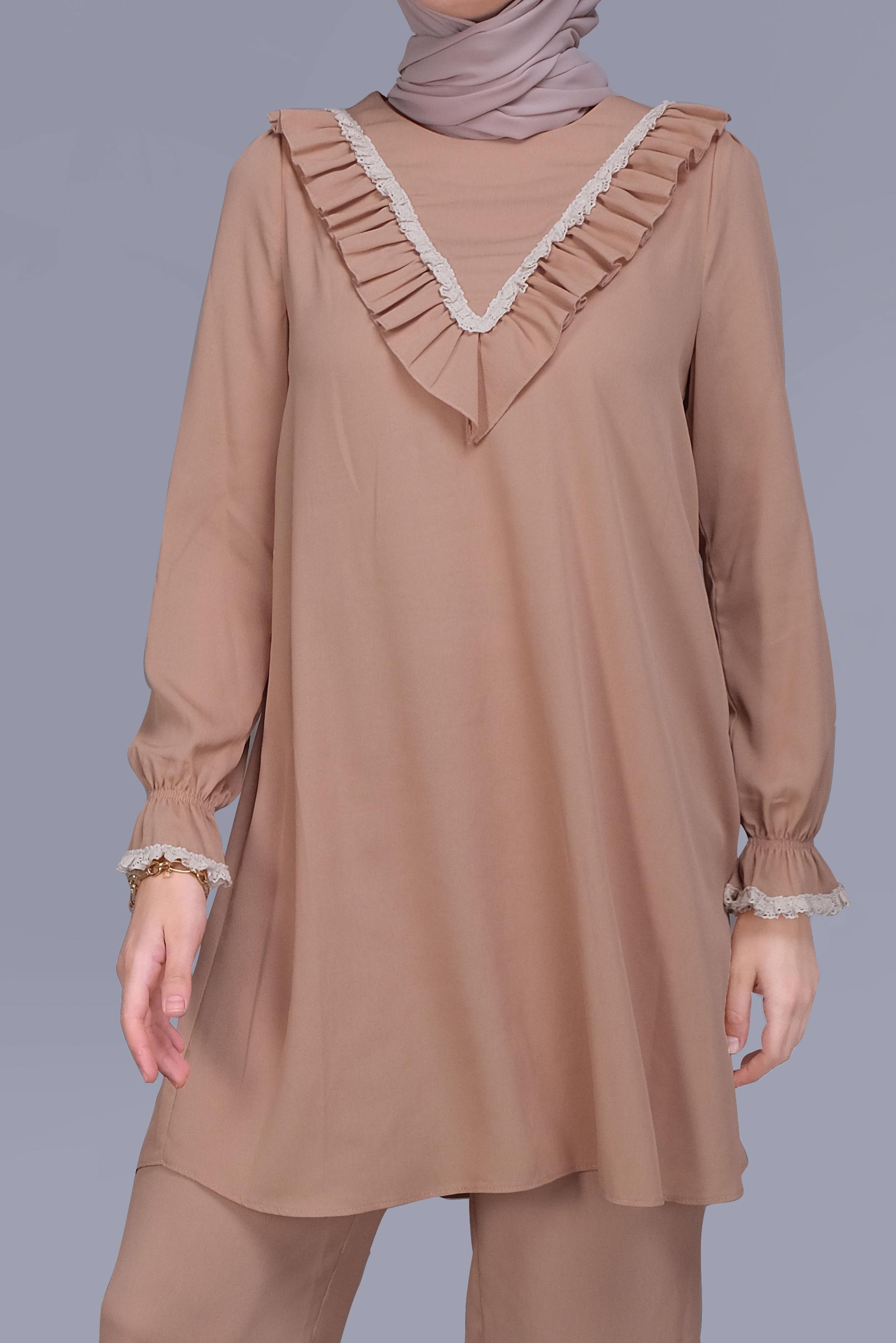 Tesettür giyim PUDRA FIRFIRLI DANTELLİ PANTOLONLU TAKIM 40804 