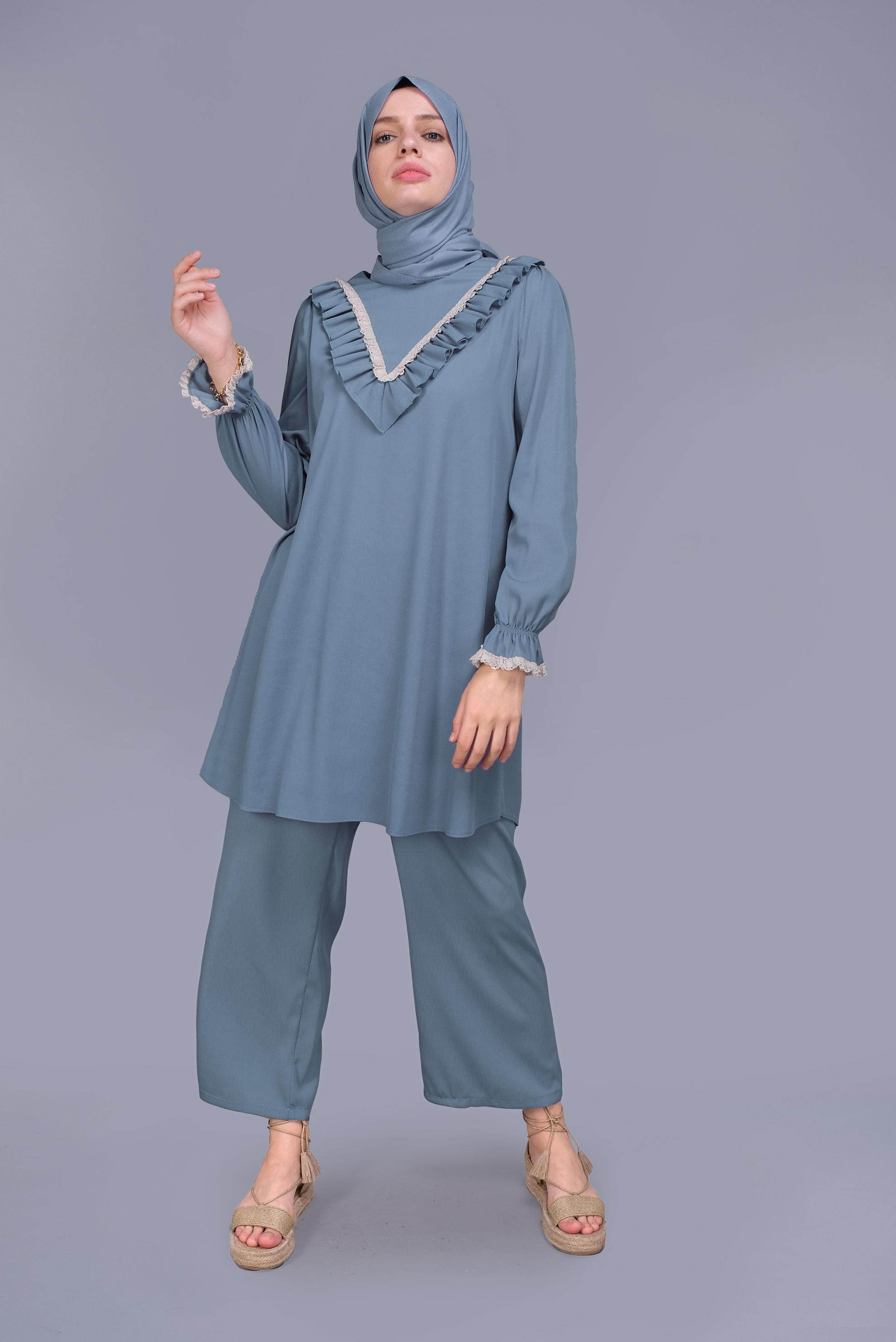 Tesettür giyim MAVİ FIRFIRLI DANTELLİ PANTOLONLU TAKIM 40804 