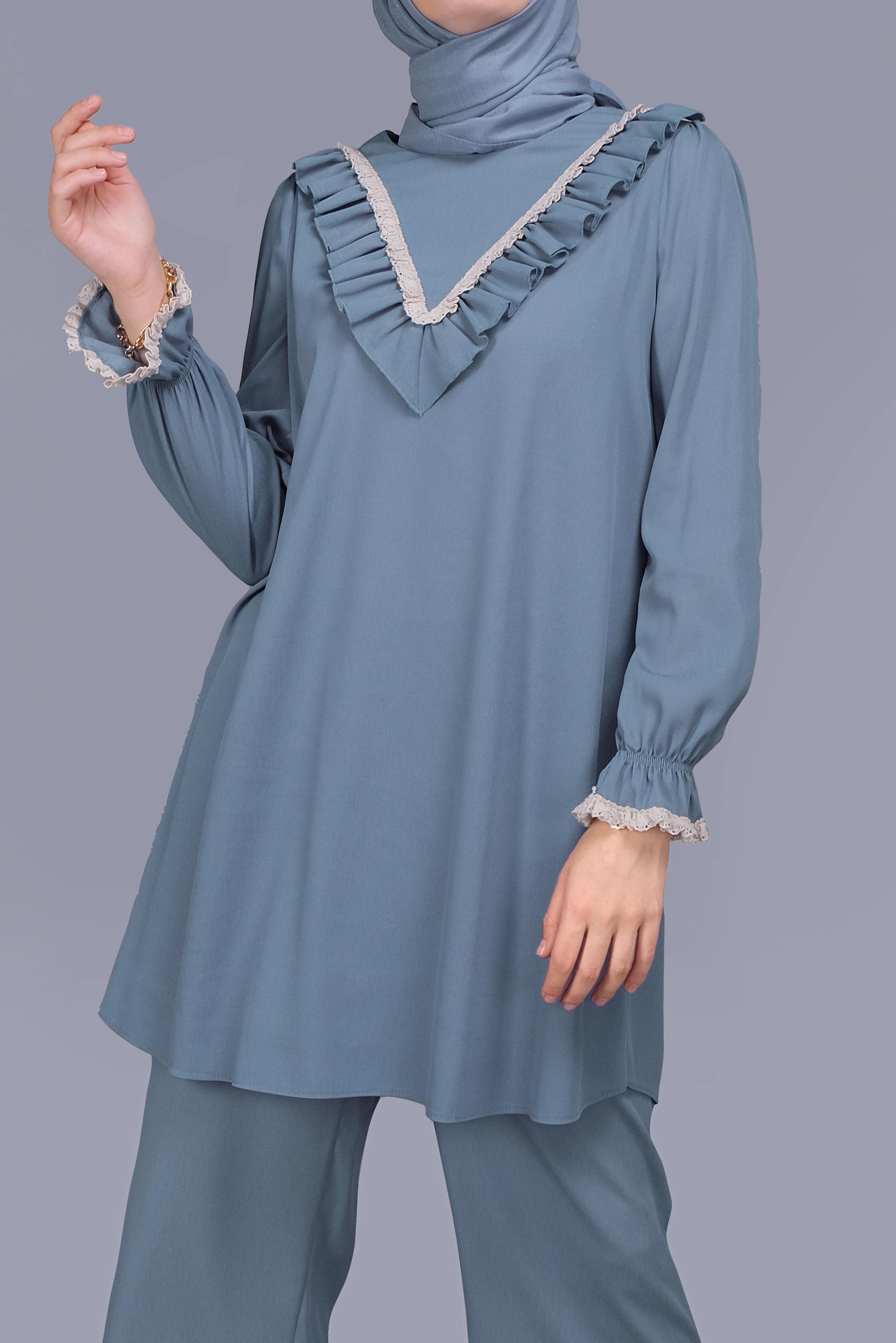 Tesettür giyim MAVİ FIRFIRLI DANTELLİ PANTOLONLU TAKIM 40804 