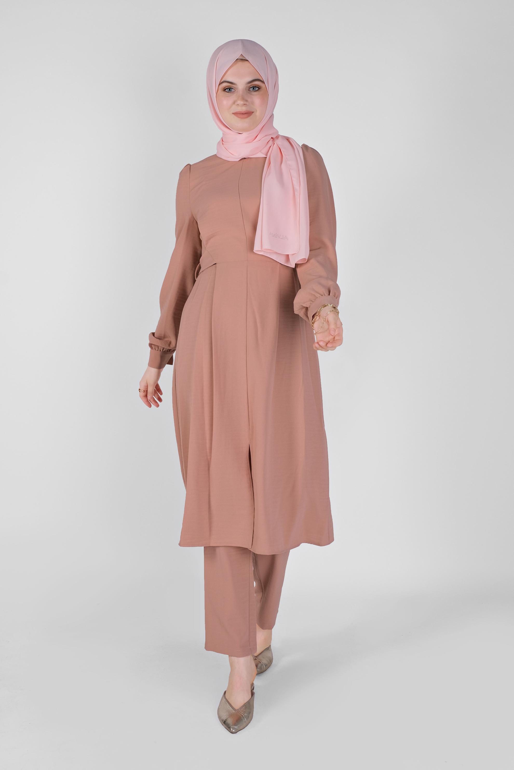 Tesettür giyim PUDRA KUŞAKLI İKİLİ PANTOLONLU TAKIM 40807 