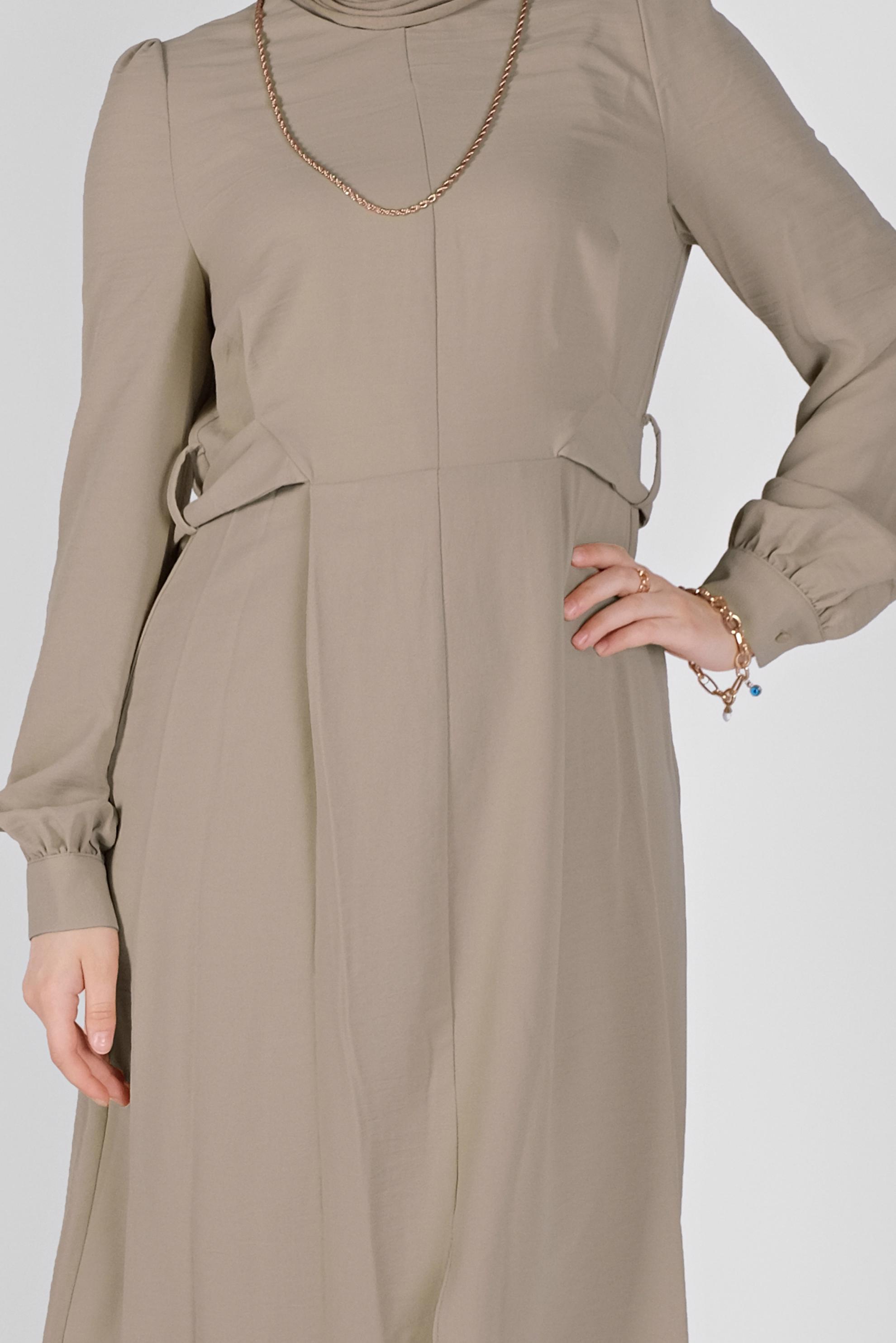 Tesettür giyim BEJ KUŞAKLI İKİLİ PANTOLONLU TAKIM 40807 