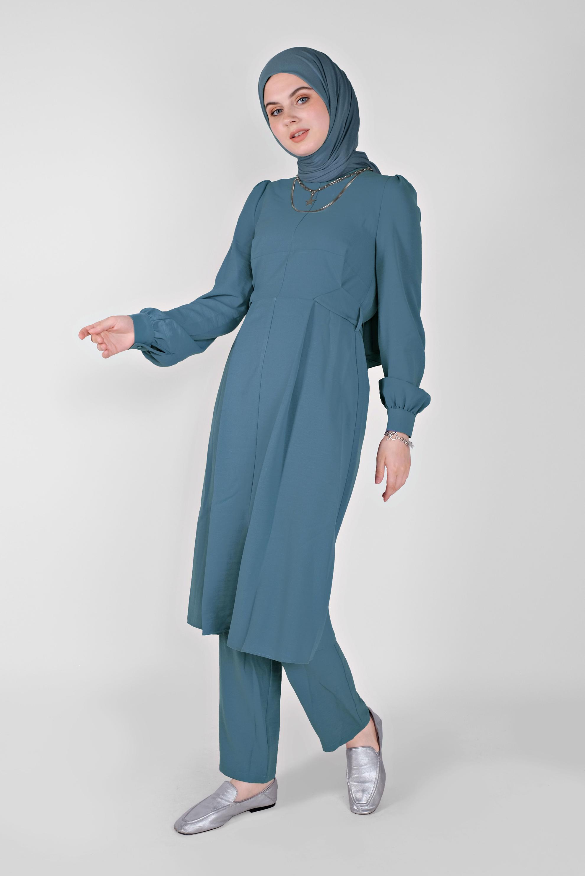 Tesettür giyim MAVİ KUŞAKLI İKİLİ PANTOLONLU TAKIM 40807 
