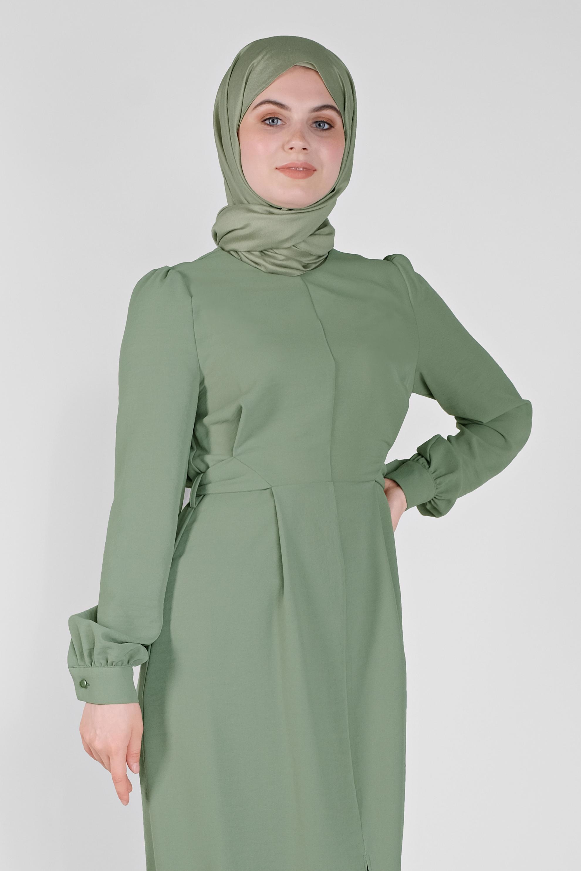 Tesettür giyim YEŞİL KUŞAKLI İKİLİ PANTOLONLU TAKIM 40807 