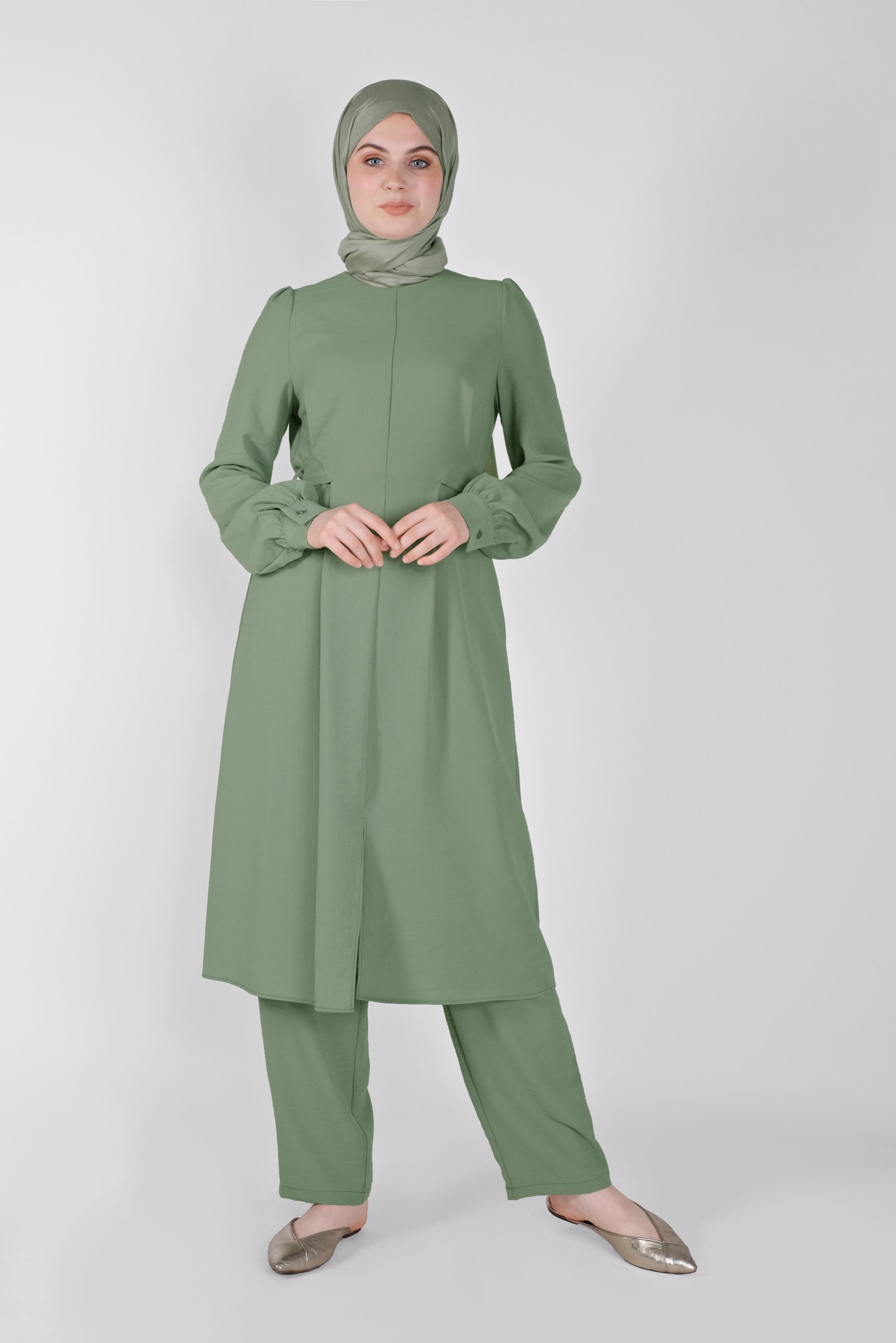 Tesettür giyim YEŞİL KUŞAKLI İKİLİ PANTOLONLU TAKIM 40807 