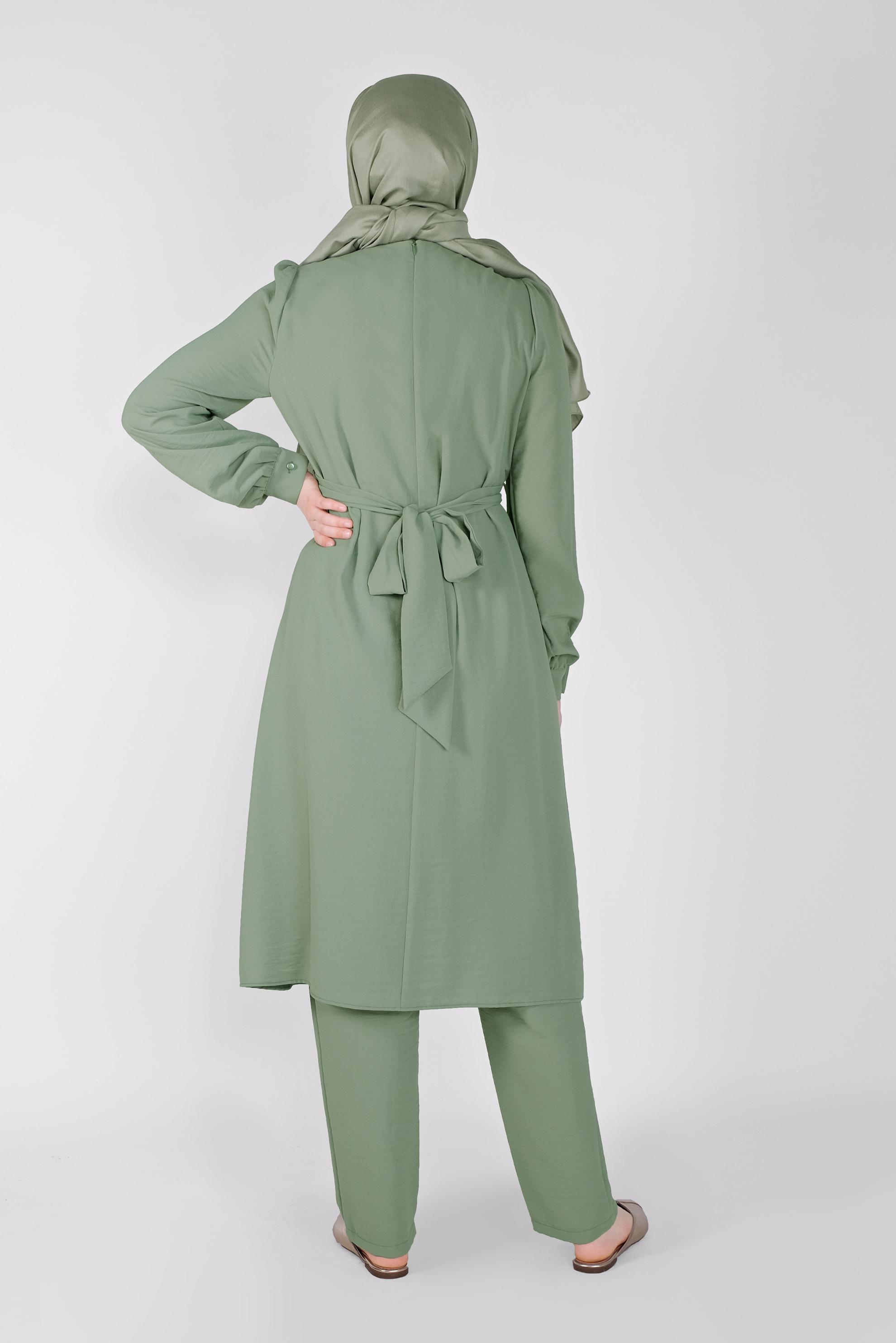 Tesettür giyim YEŞİL KUŞAKLI İKİLİ PANTOLONLU TAKIM 40807 