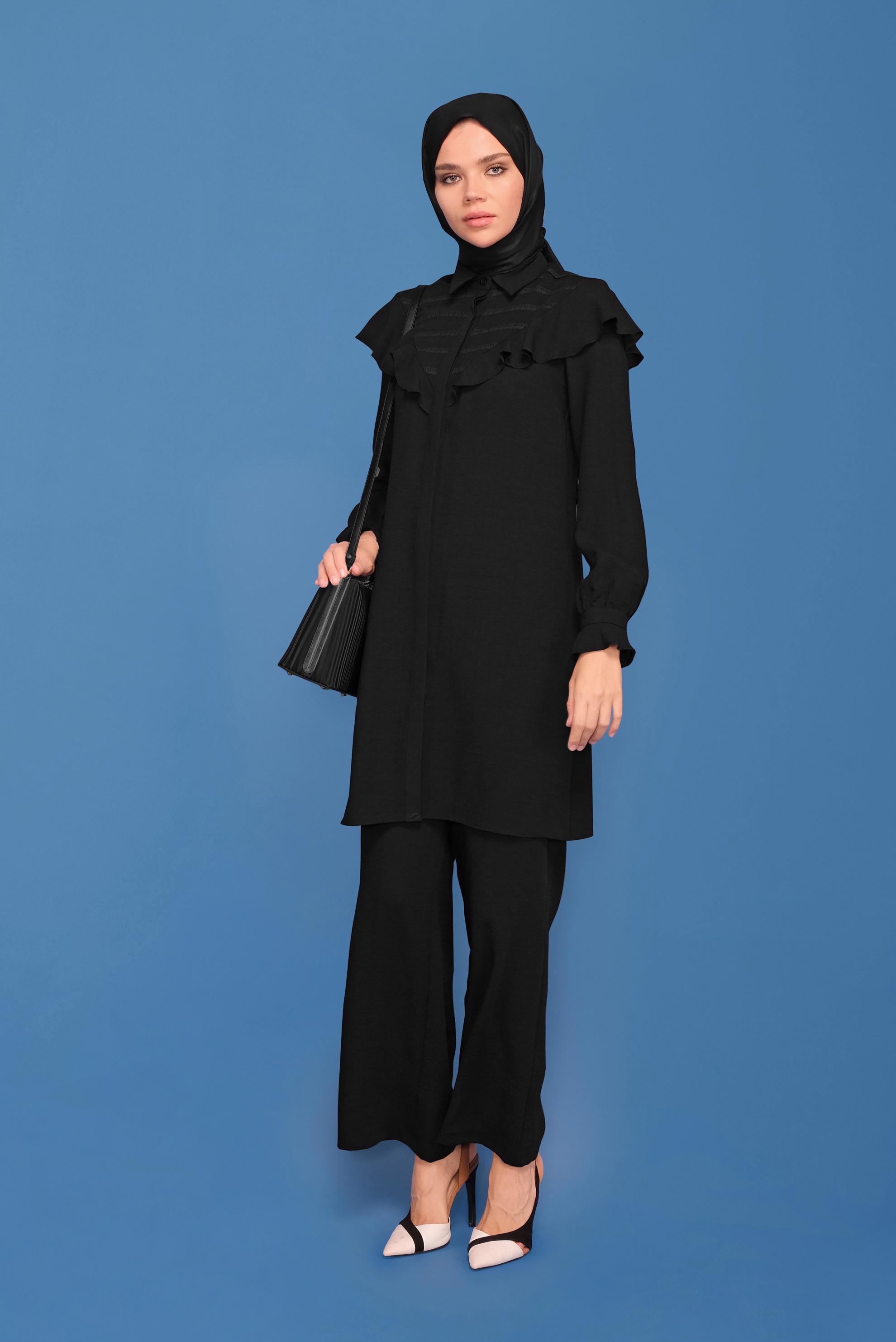 Tesettür giyim SİYAH FIRFIRLI PANTOLONLU TAKIM 40808 