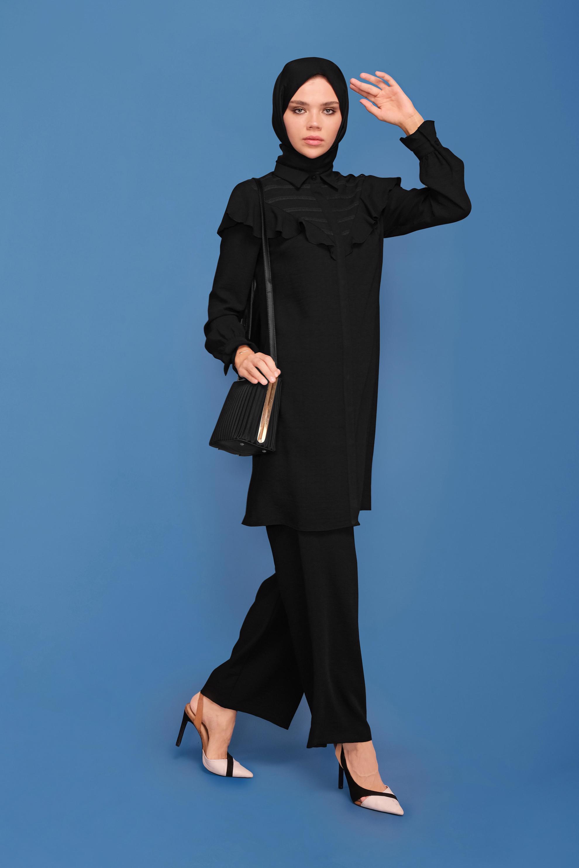 Tesettür giyim SİYAH FIRFIRLI PANTOLONLU TAKIM 40808 