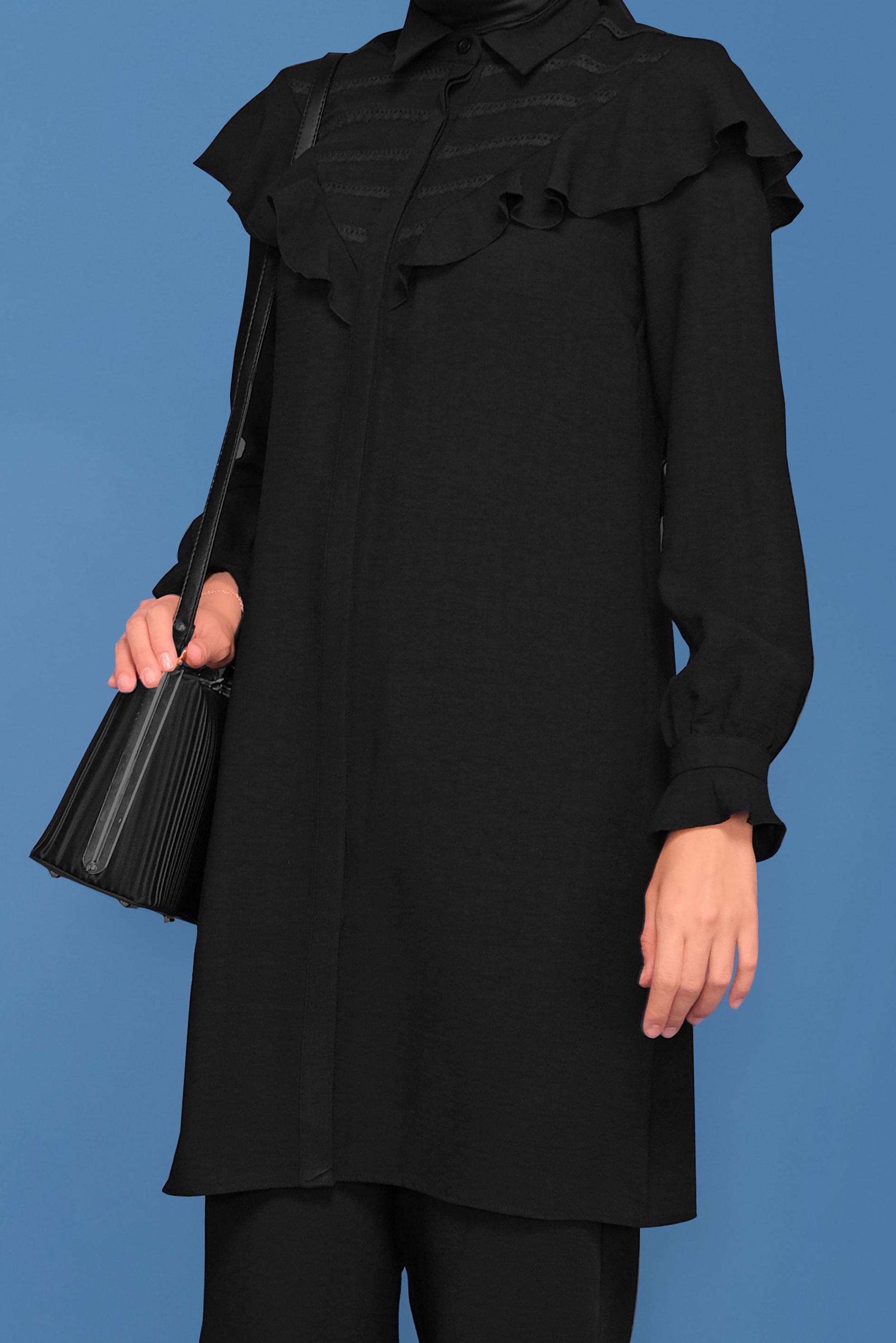 Tesettür giyim SİYAH FIRFIRLI PANTOLONLU TAKIM 40808 