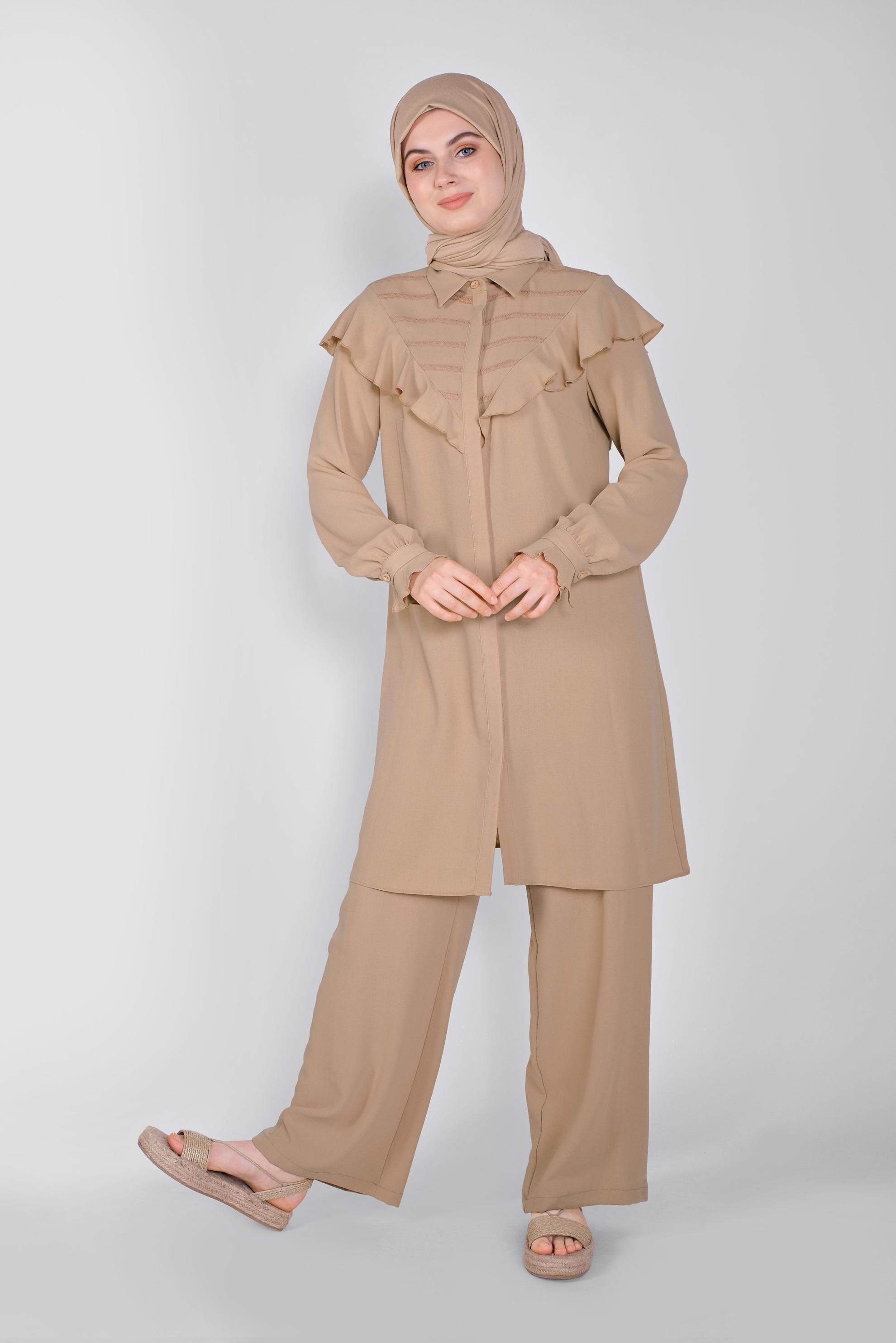 Tesettür giyim BEJ FIRFIRLI PANTOLONLU TAKIM 40808 