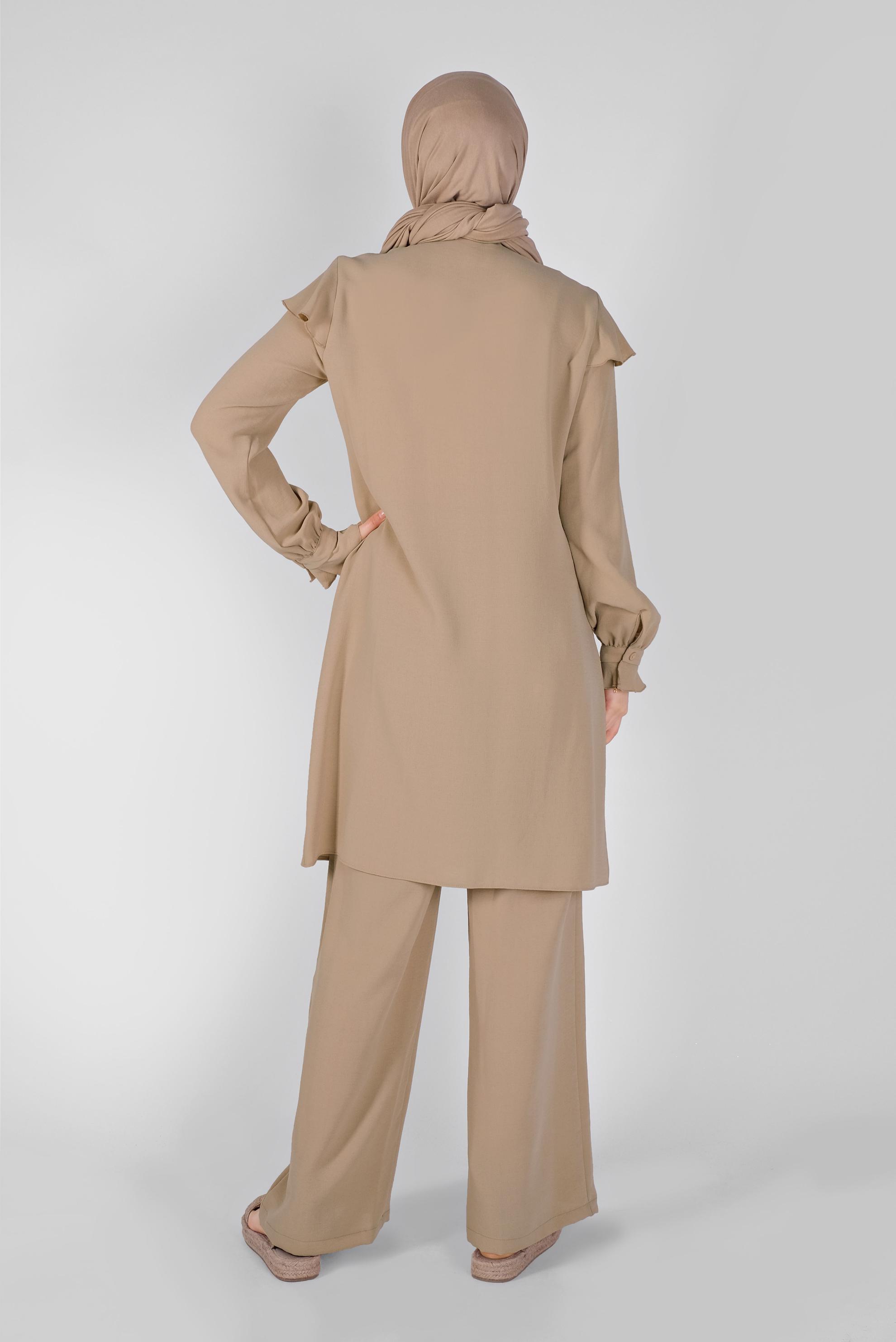 Tesettür giyim BEJ FIRFIRLI PANTOLONLU TAKIM 40808 