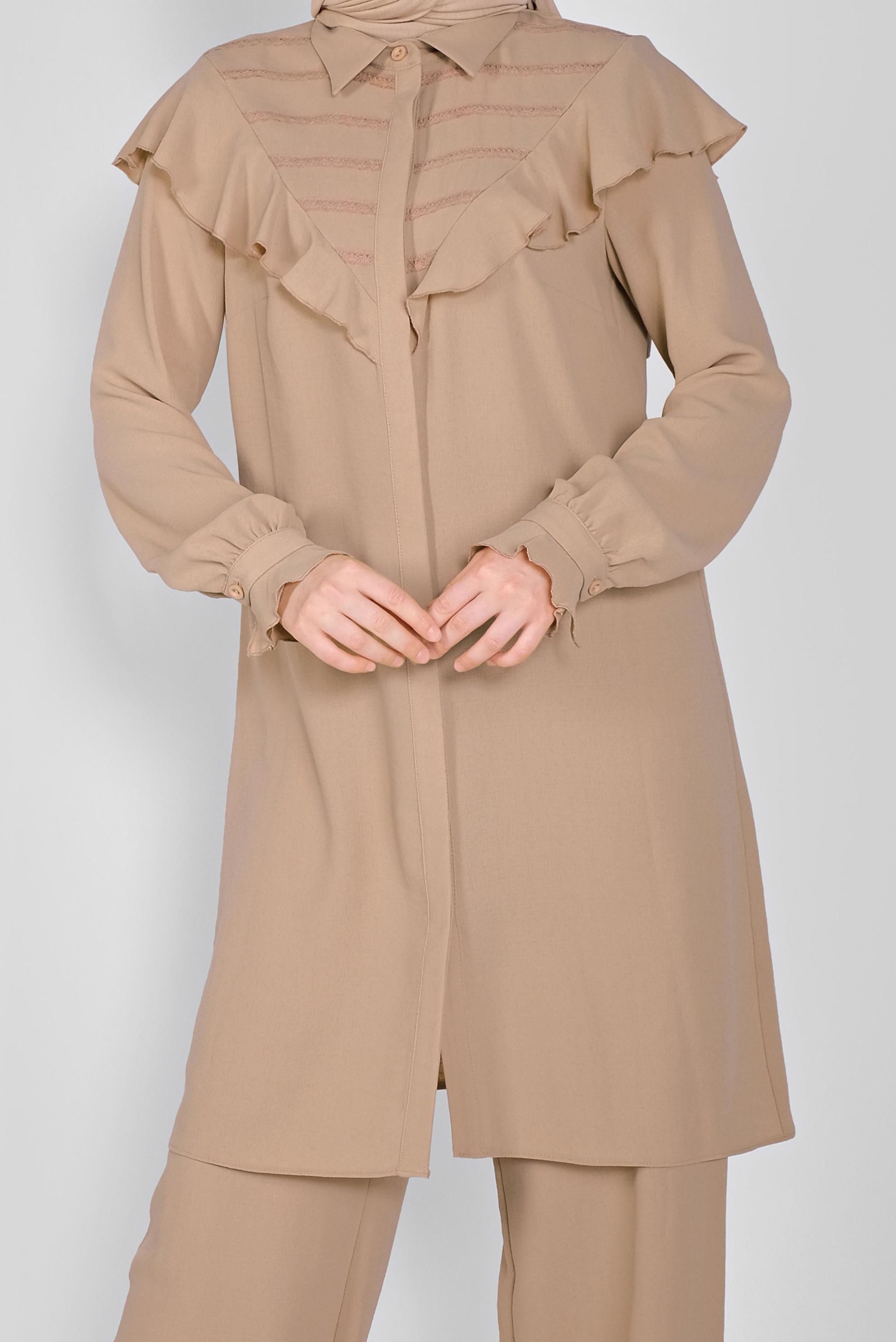 Tesettür giyim BEJ FIRFIRLI PANTOLONLU TAKIM 40808 