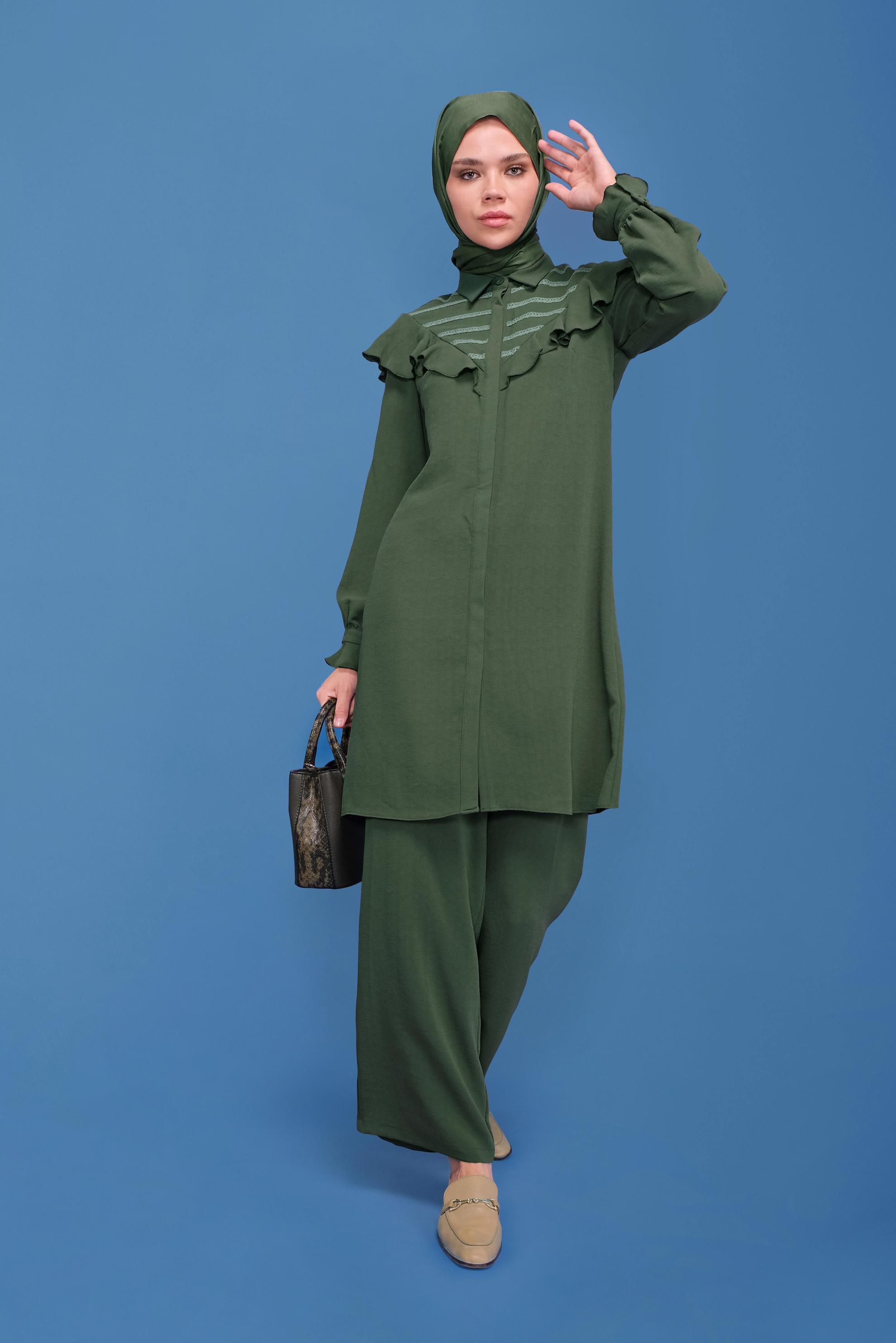 Tesettür giyim HAKİ FIRFIRLI PANTOLONLU TAKIM 40808 