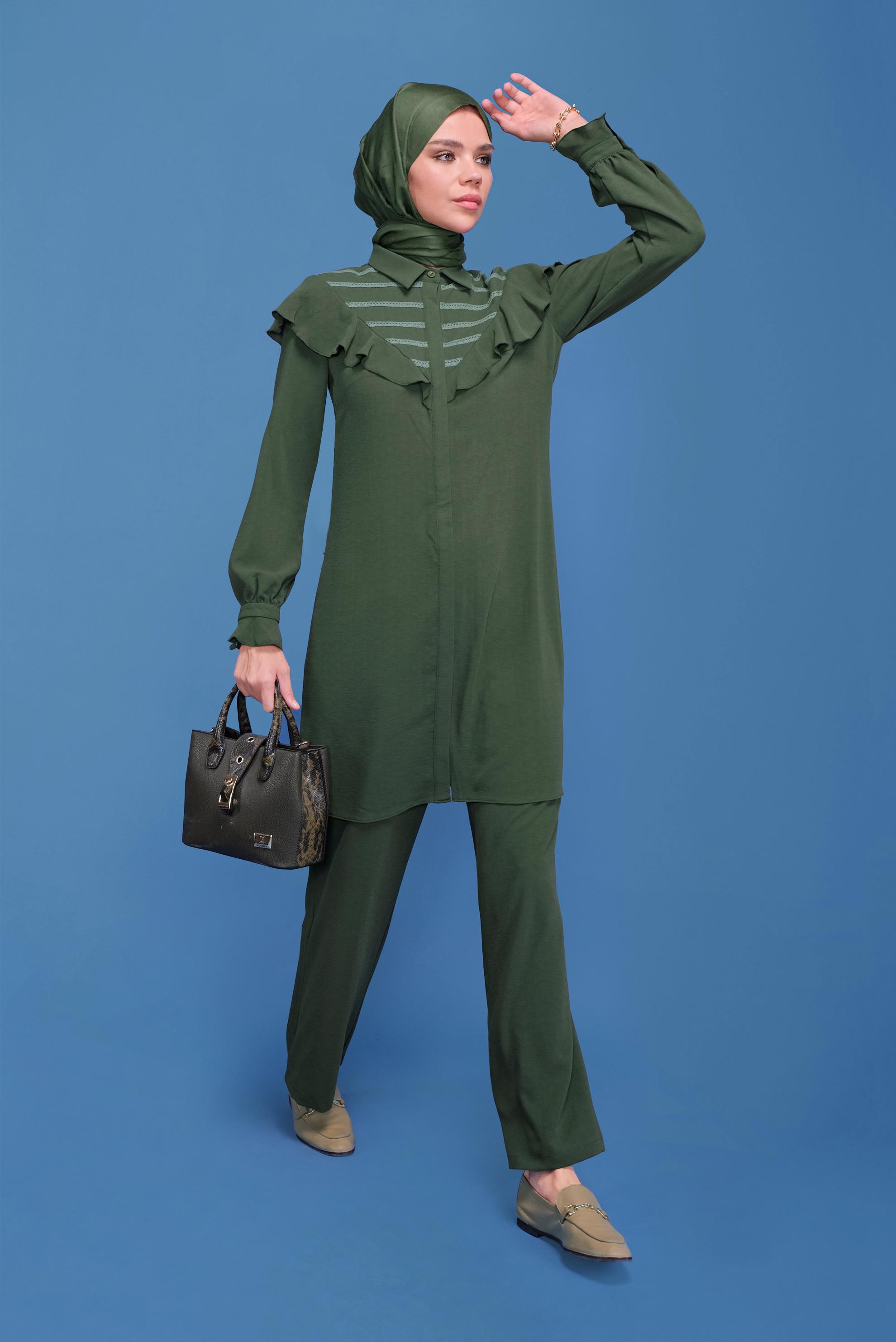 Tesettür giyim HAKİ FIRFIRLI PANTOLONLU TAKIM 40808 