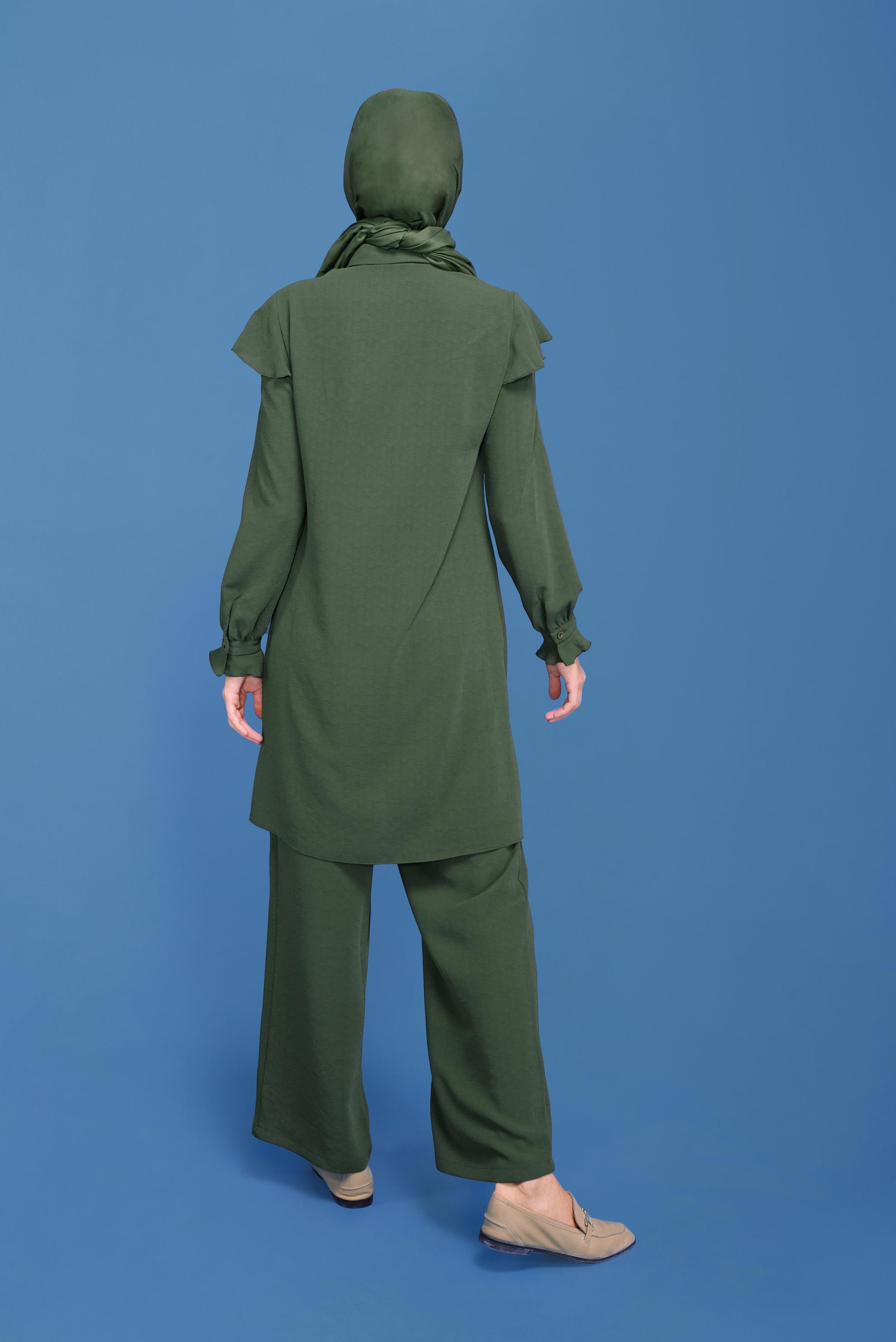 Tesettür giyim HAKİ FIRFIRLI PANTOLONLU TAKIM 40808 