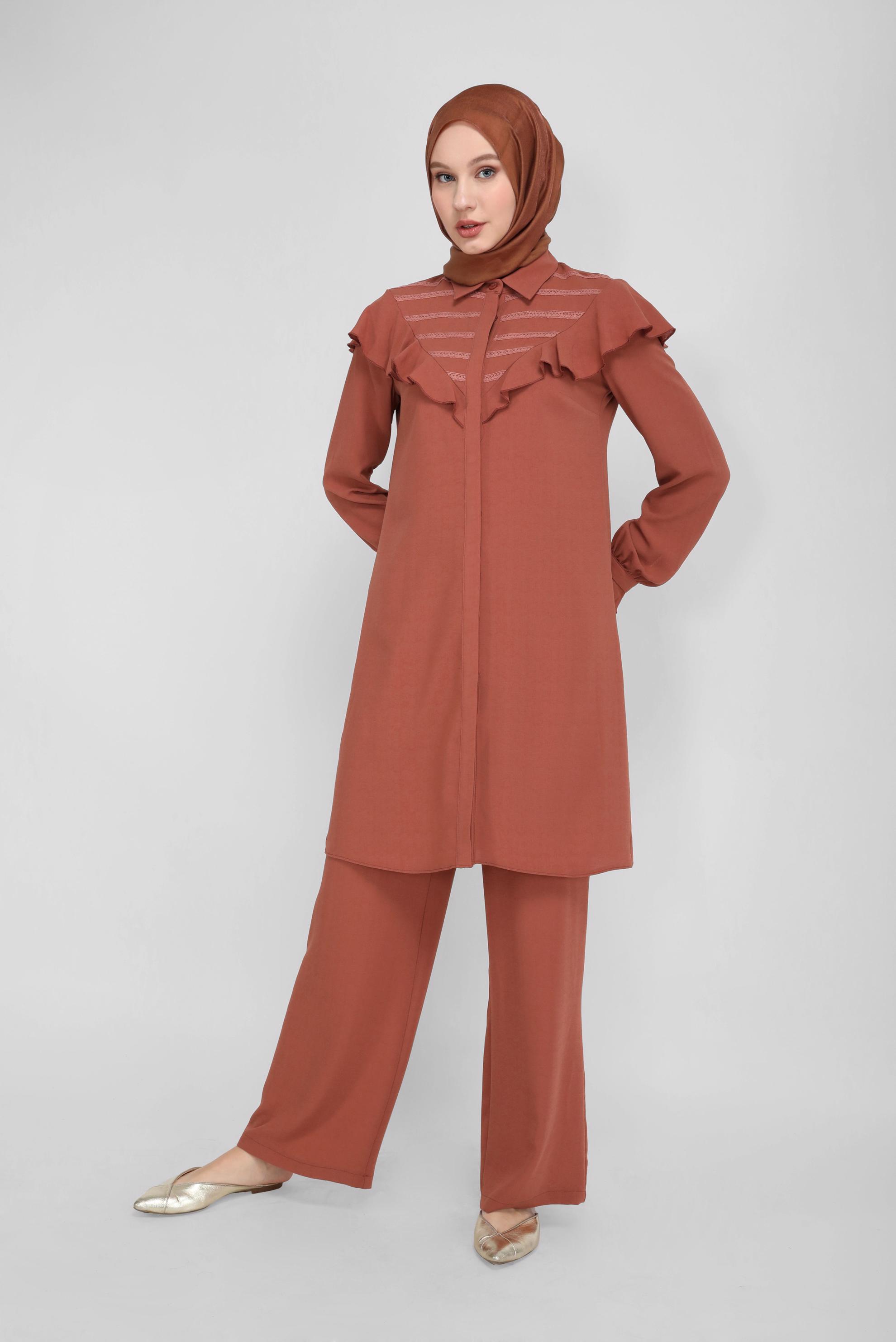 Tesettür giyim TURUNCU FIRFIRLI PANTOLONLU TAKIM 40808 