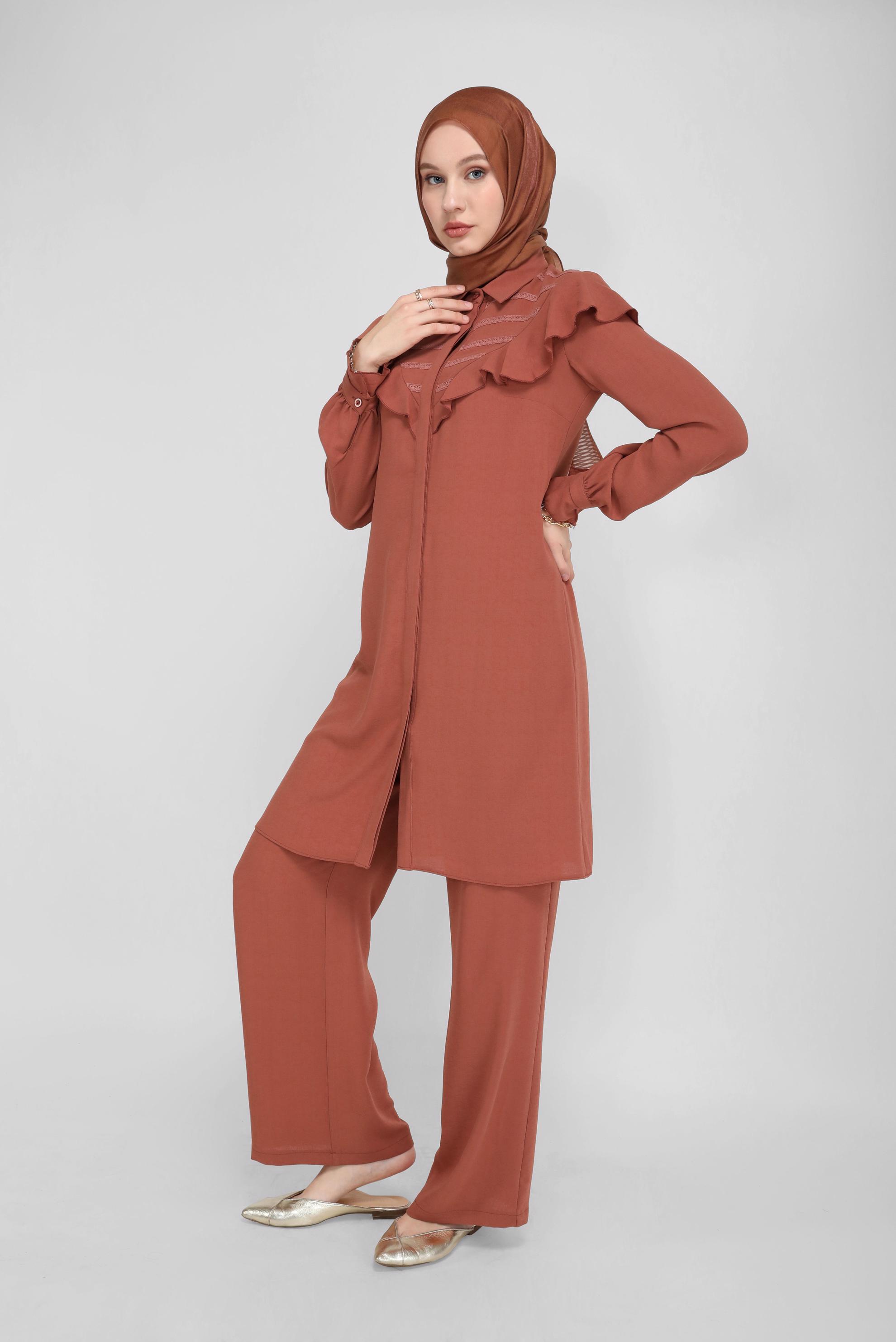 Tesettür giyim TURUNCU FIRFIRLI PANTOLONLU TAKIM 40808 