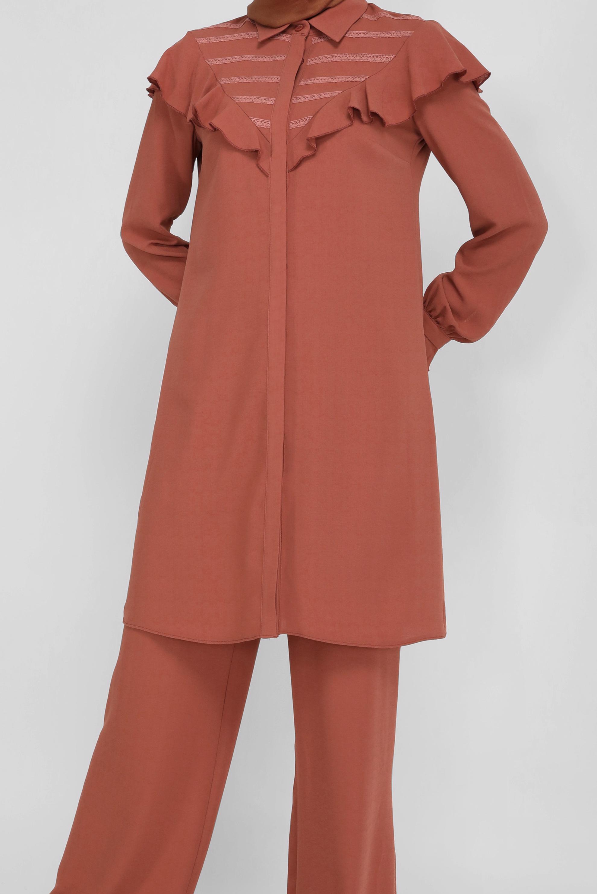 Tesettür giyim TURUNCU FIRFIRLI PANTOLONLU TAKIM 40808 