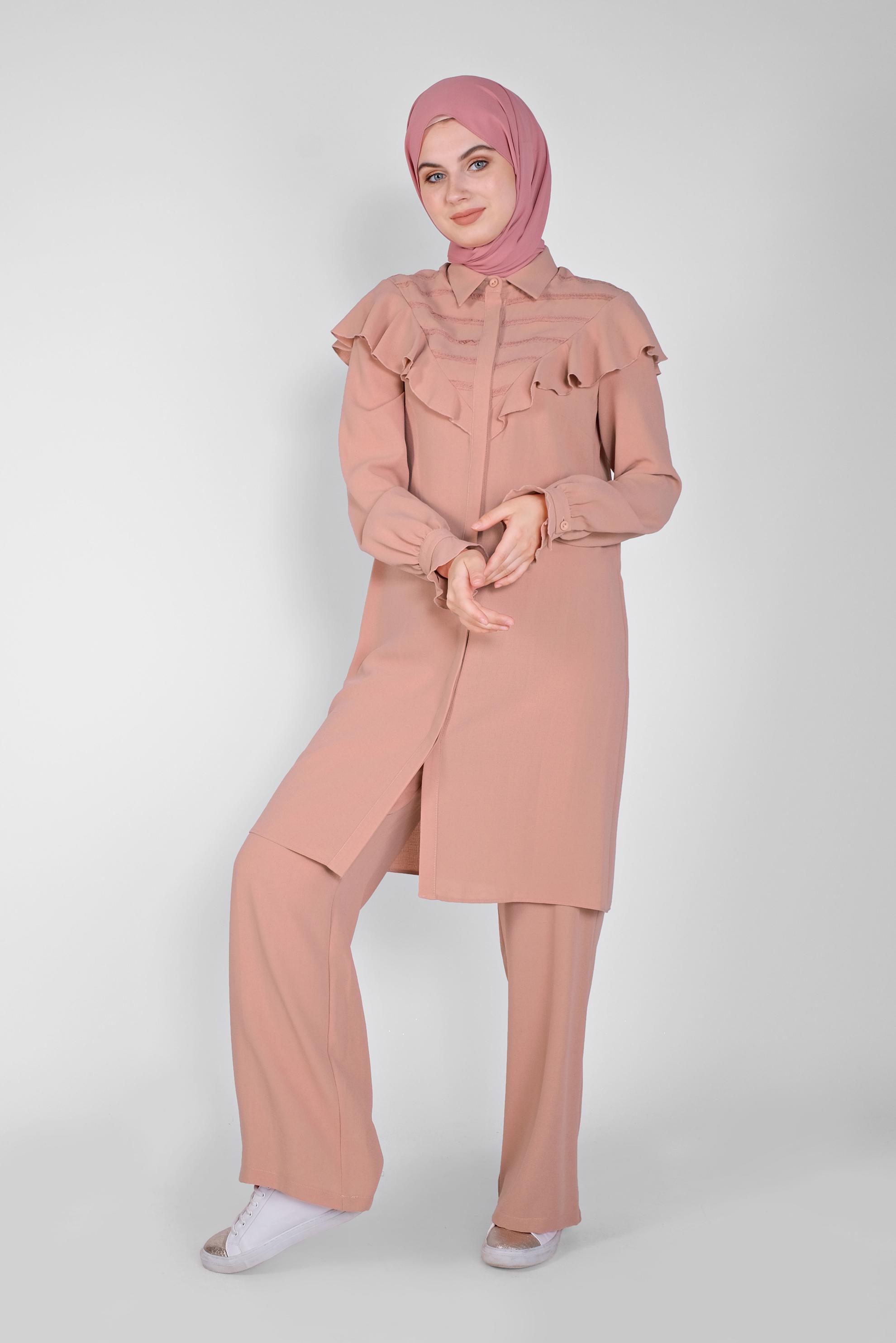 Tesettür giyim PUDRA FIRFIRLI PANTOLONLU TAKIM 40808 