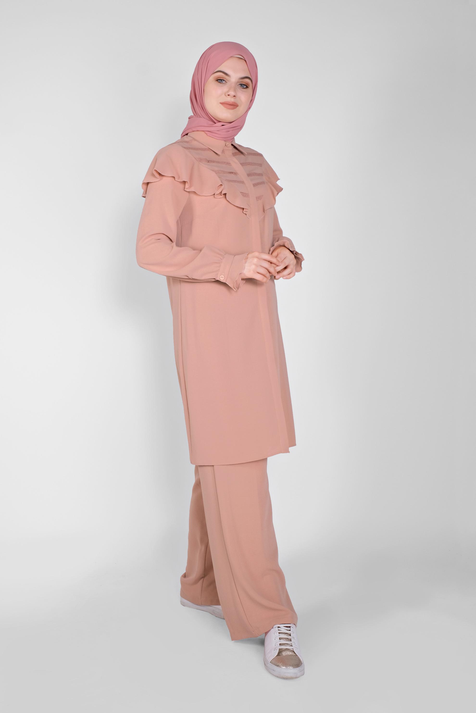 Tesettür giyim PUDRA FIRFIRLI PANTOLONLU TAKIM 40808 