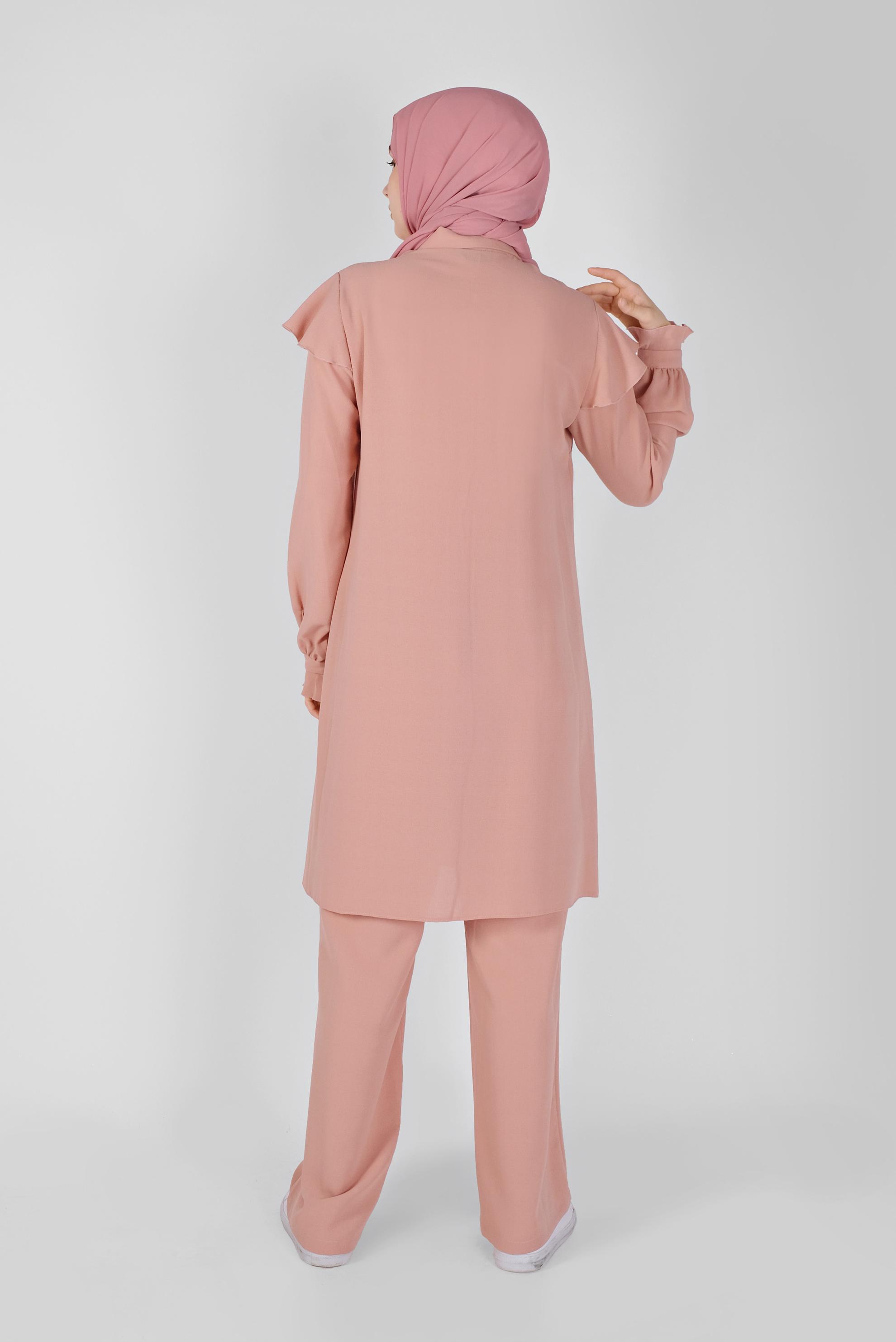 Tesettür giyim PUDRA FIRFIRLI PANTOLONLU TAKIM 40808 