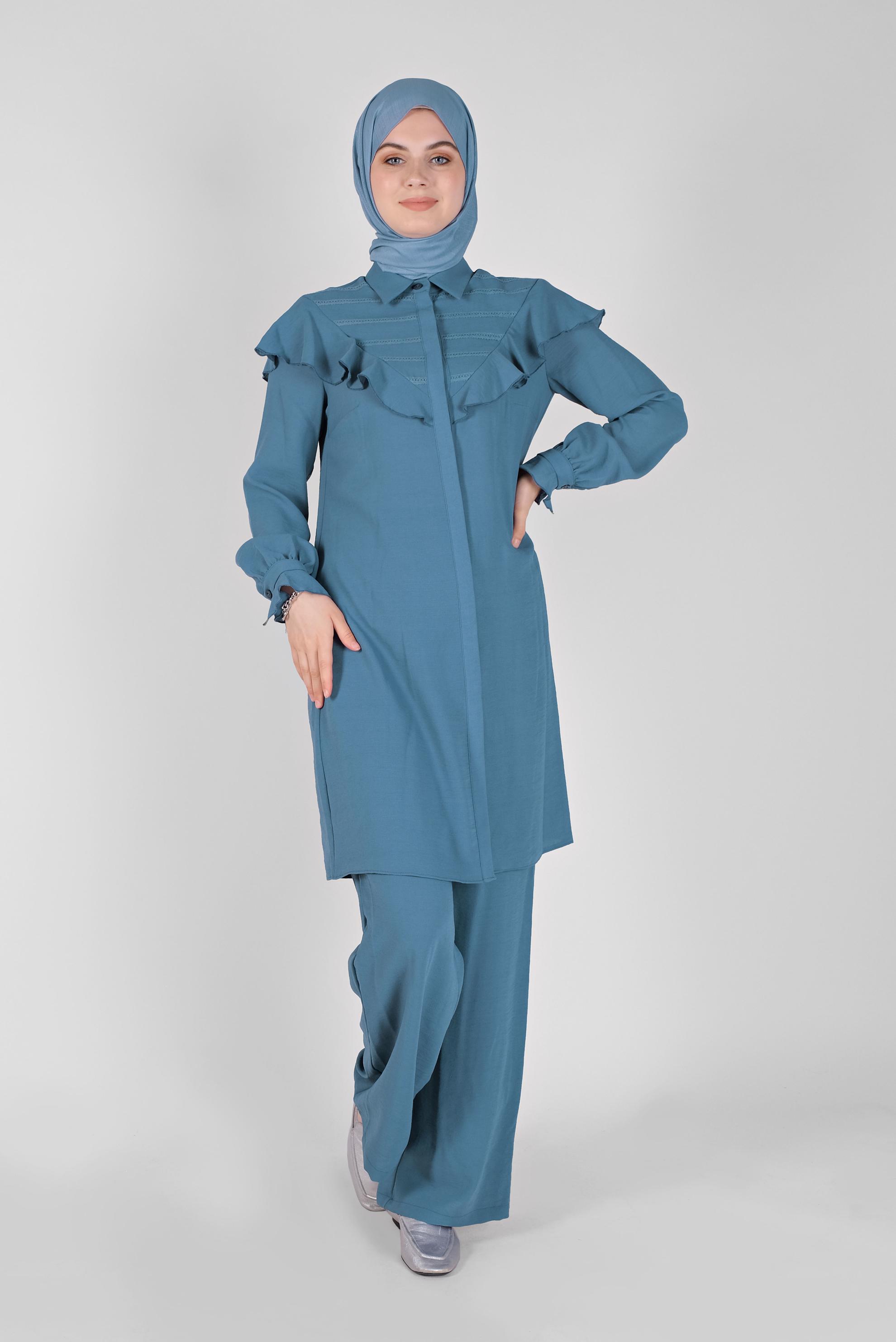 Tesettür giyim MAVİ FIRFIRLI PANTOLONLU TAKIM 40808 