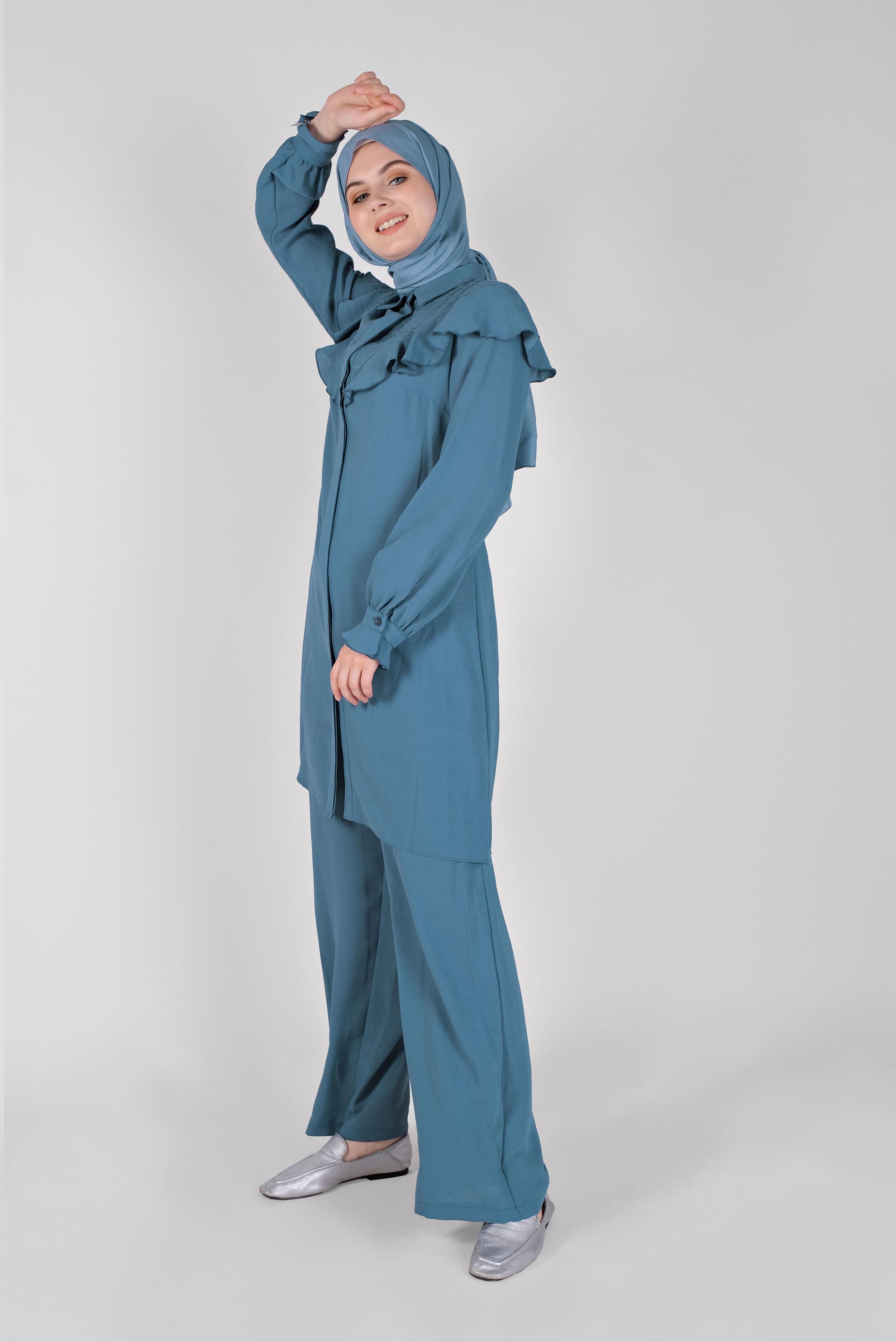 Tesettür giyim MAVİ FIRFIRLI PANTOLONLU TAKIM 40808 