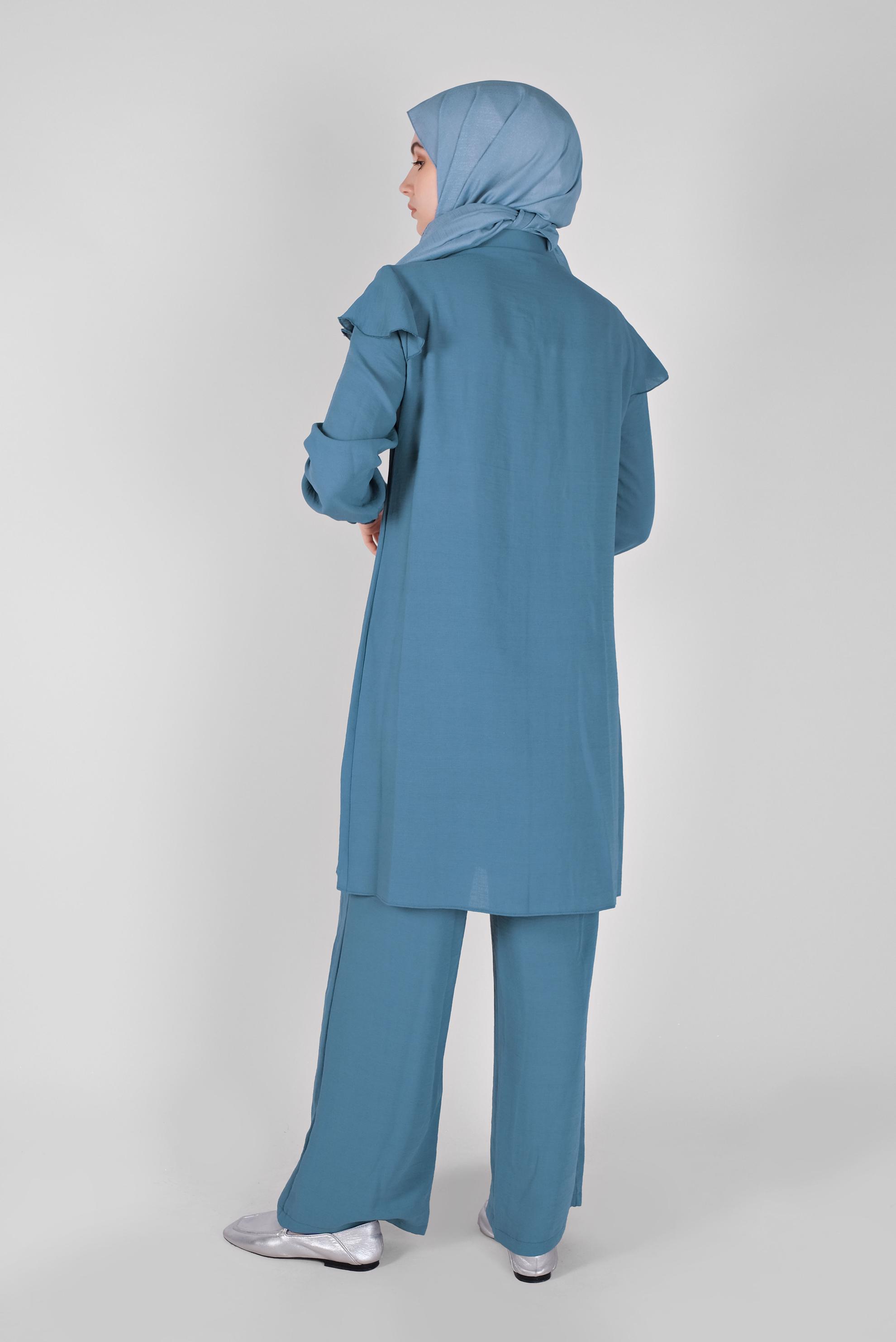 Tesettür giyim MAVİ FIRFIRLI PANTOLONLU TAKIM 40808 