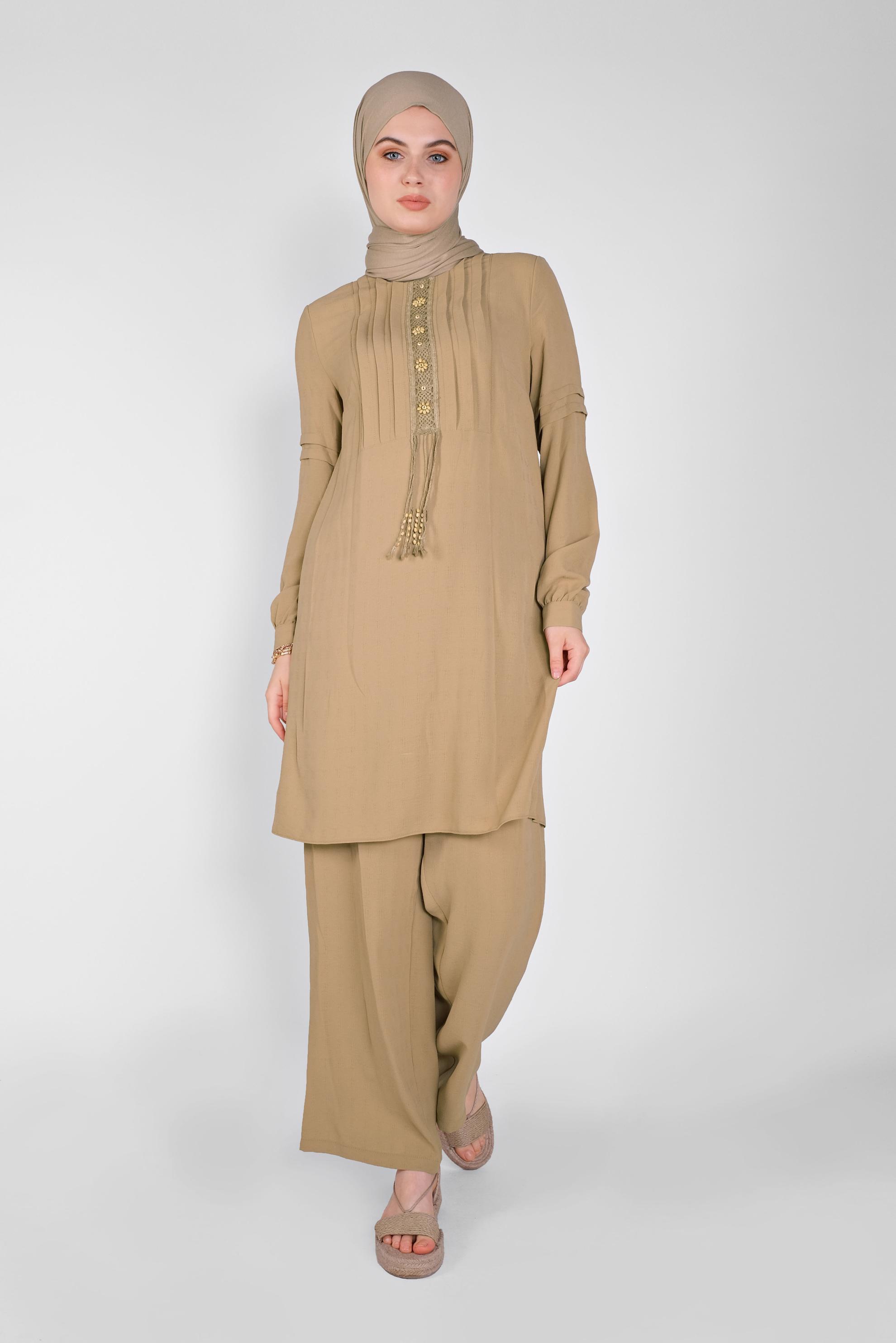 Tesettür giyim KAHVE DANTEL DETAYLI PANTOLONLU TAKIM 40809 
